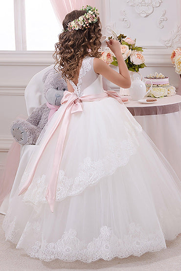 A-Line Floor Length Tulle Lace Flower Girl Dress CF0341