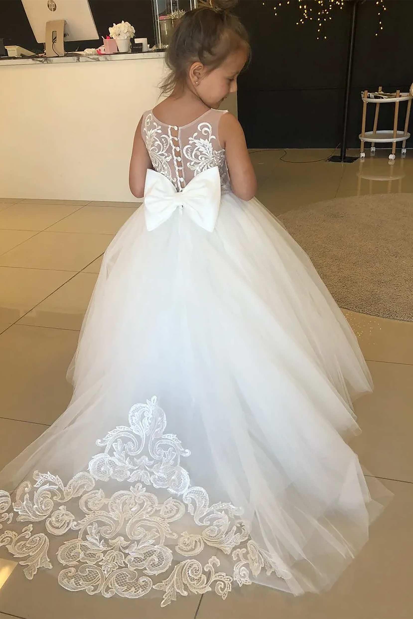 Ball Gown Floor Length Tulle Lace Flower Girl Dress CF0348 - COCOMELODY