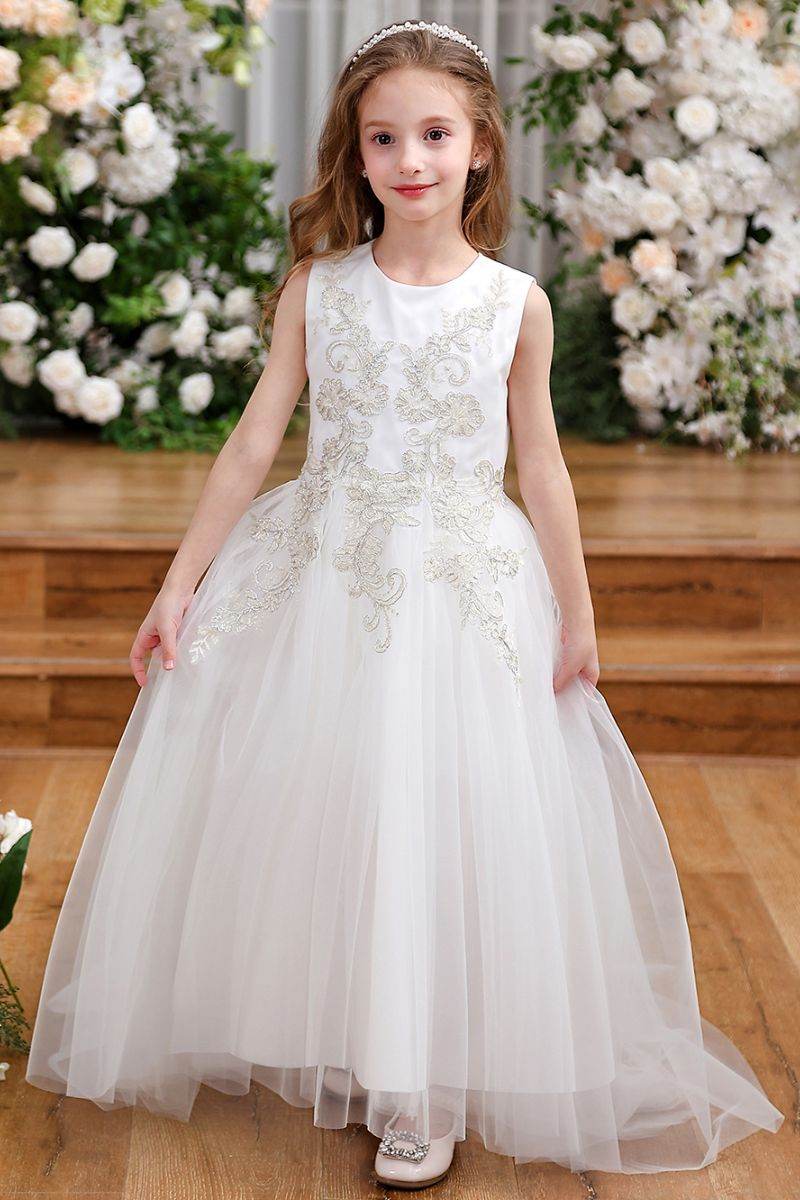 maxi white tulle flower girl dress Cute White Princess A-Line Flower Girl Maxi Dress with Sequins & Ruffles FleurKids