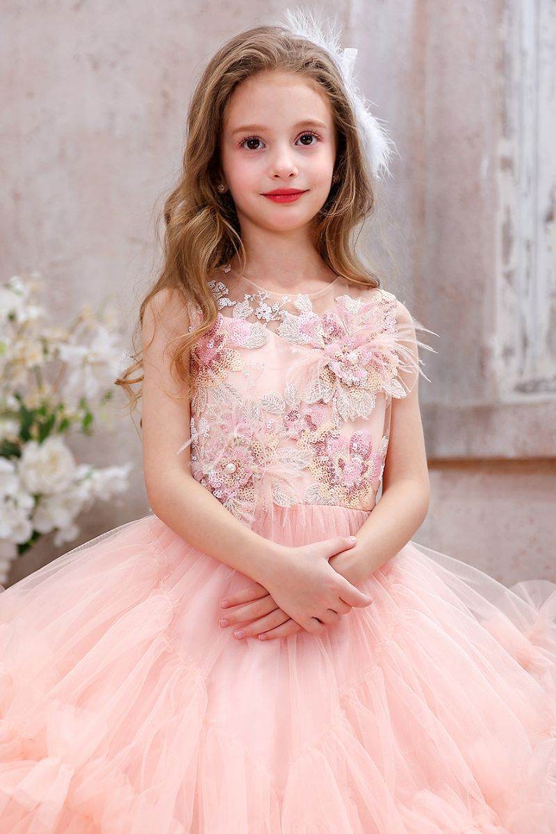 Ball Gown Sweep-Brush Train Tulle Flower Girl Dress CF0354 - COCOMELODY