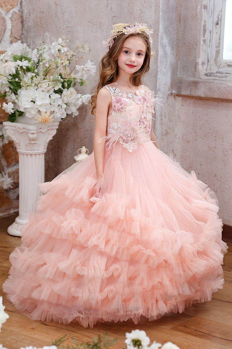 Ball Gown Sweep-Brush Train Tulle Flower Girl Dress CF0354 - COCOMELODY