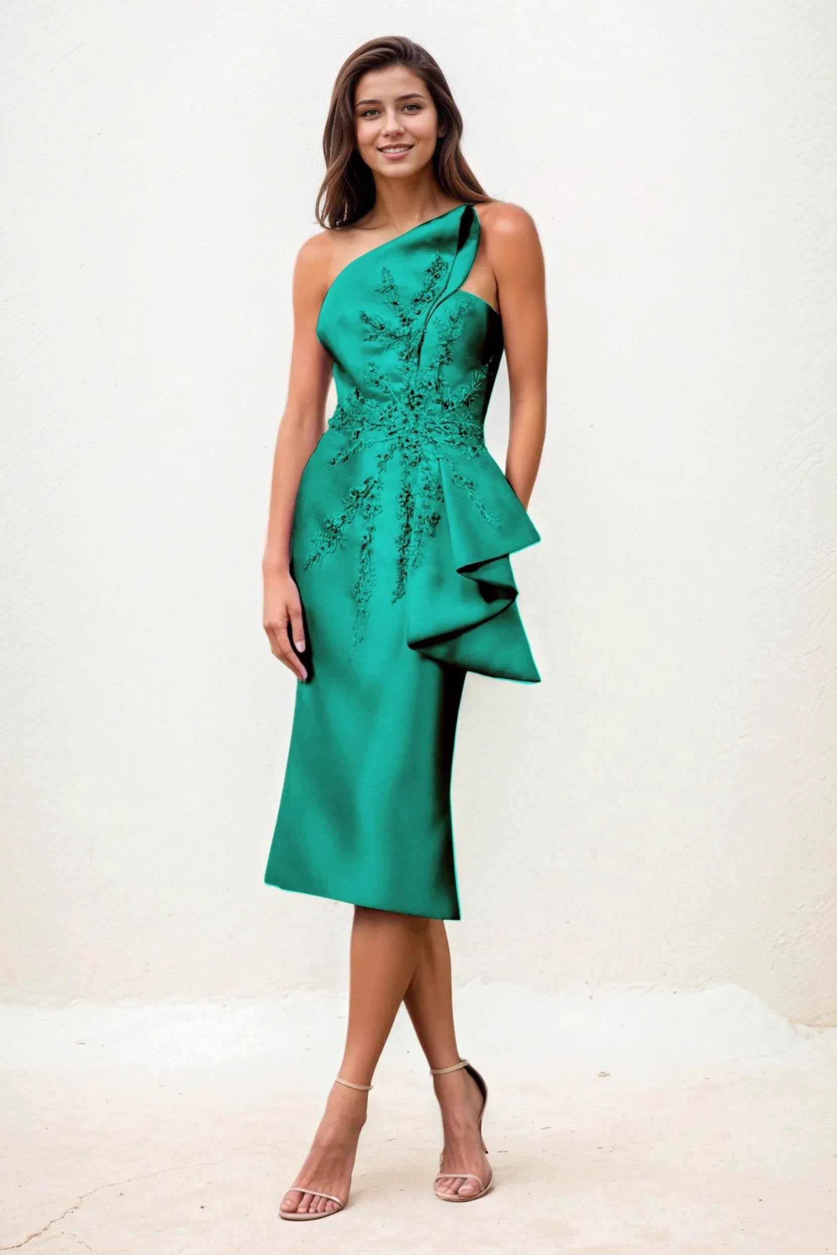 Chic Sheath-Column Midi Satin Wedding Guest Dress Strapless Semi-Formal Dress with Appliques COCOMELODY CG0292, Hunter Green