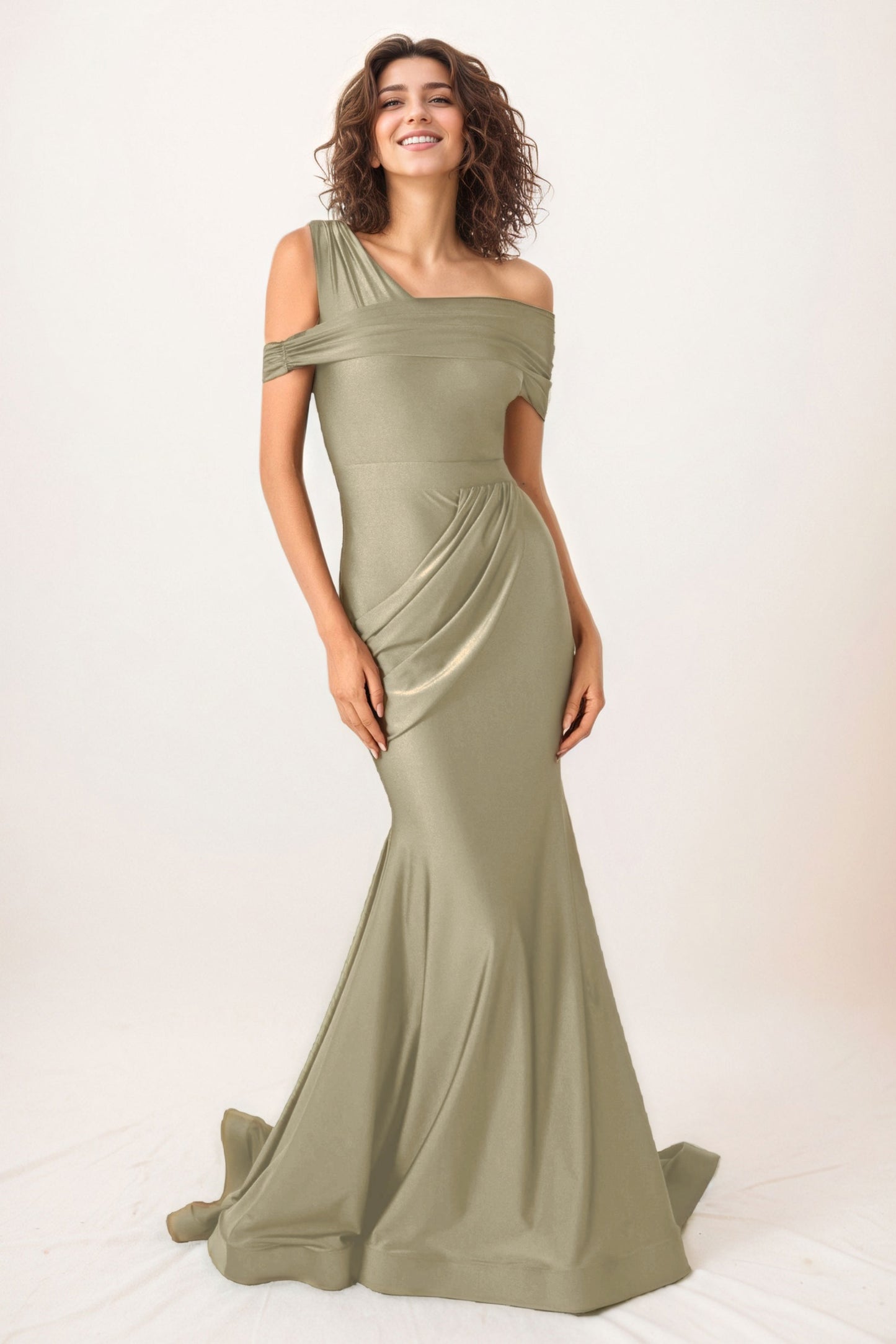 Trumpet-Mermaid Sweep-Brush Train Stretch Satin Wedding Guest Dress CG0297