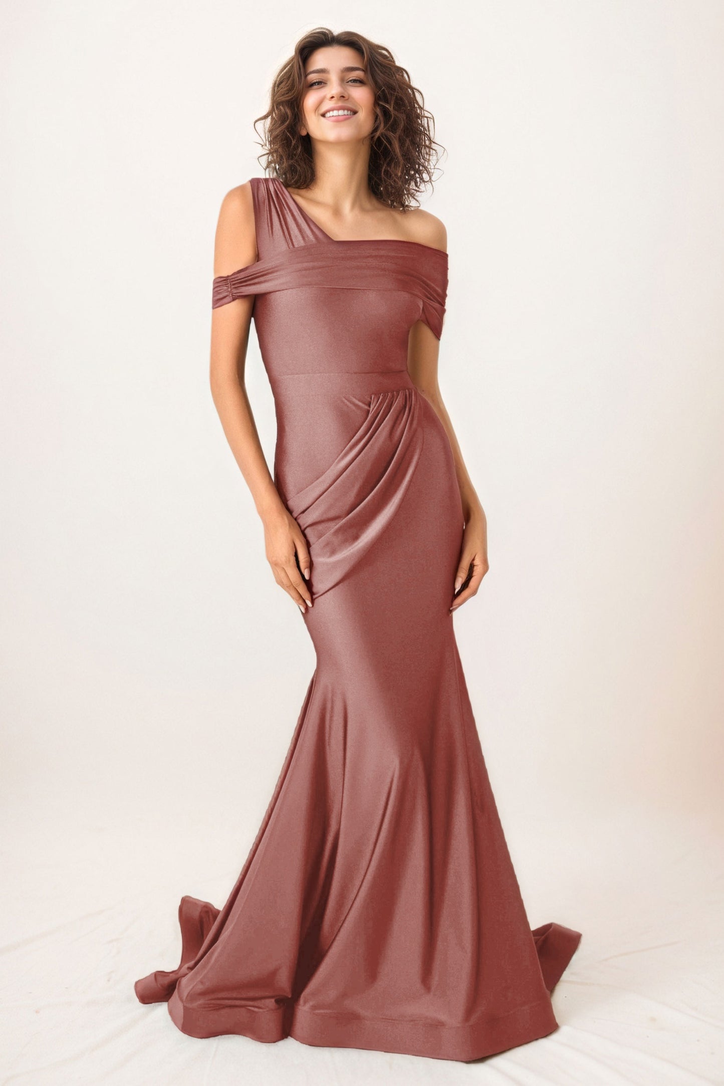 Trumpet-Mermaid Sweep-Brush Train Stretch Satin Wedding Guest Dress CG0297