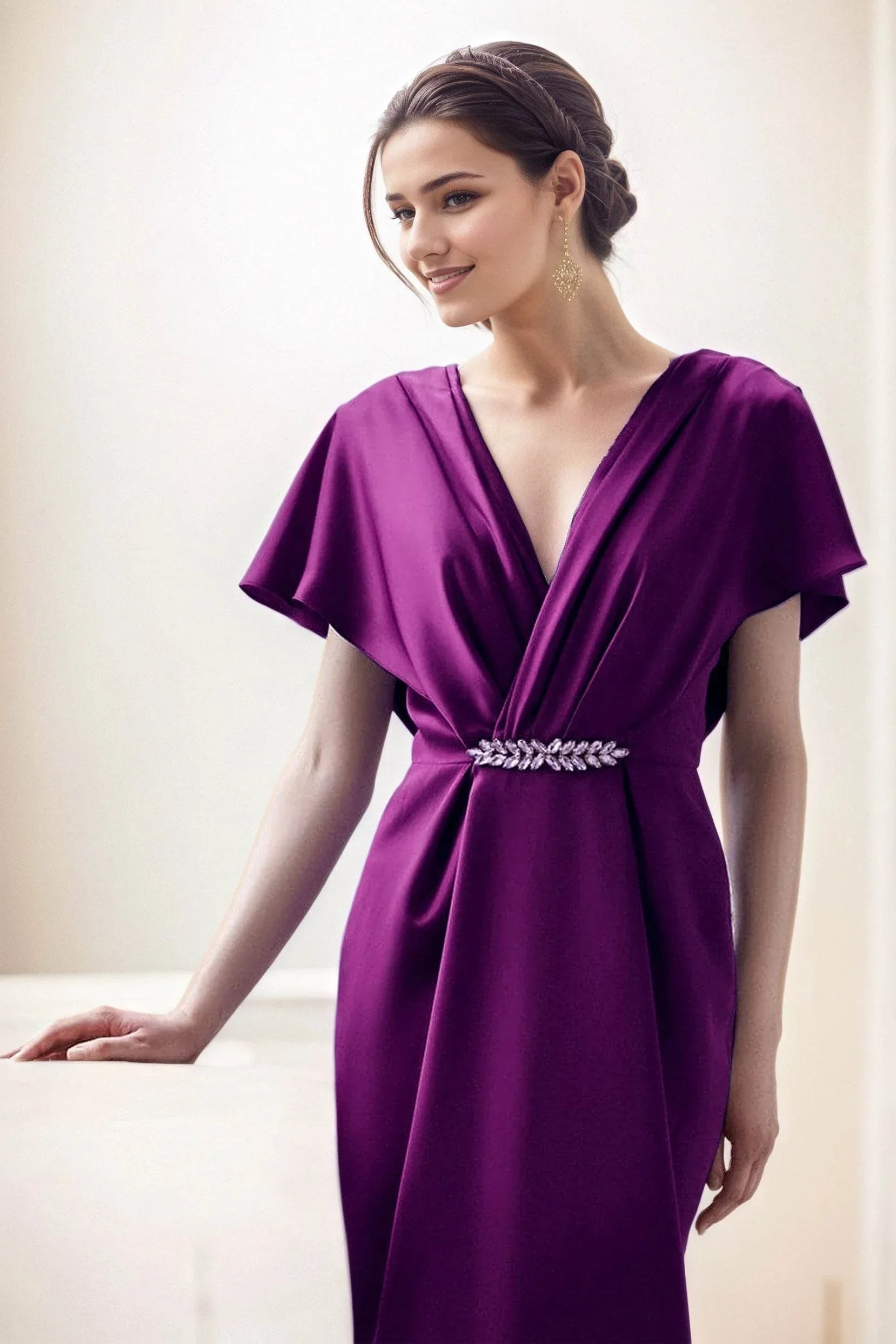 dark purple wedding guest dress V-Neck Sheath Maxi Luxe Satin Pleated Wedding Guest Dress Puff Sleeves Formal Gown COCOMELODY CG0299, Dusty Rose