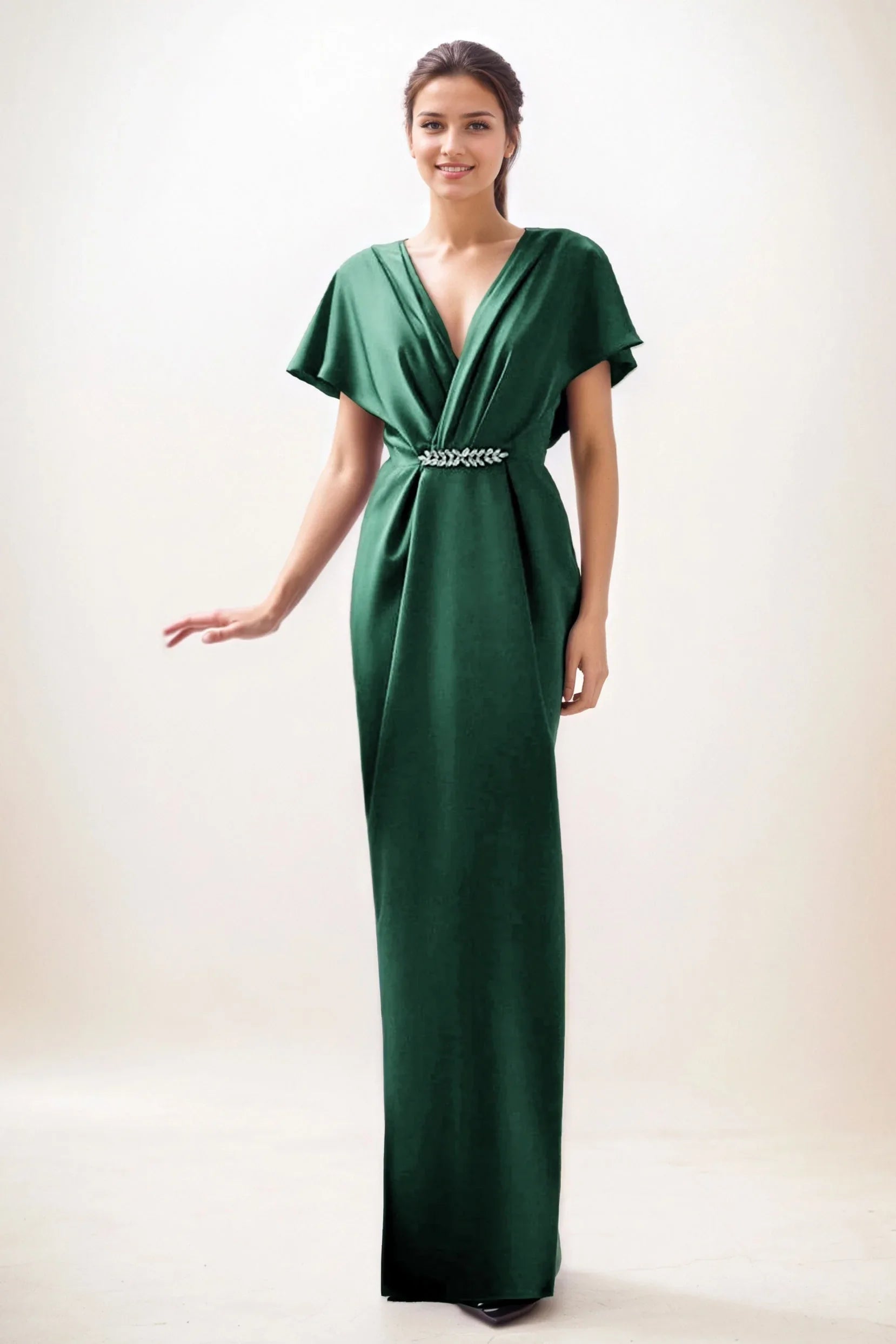 hunter green wedding guest dress V-Neck Sheath Maxi Luxe Satin Pleated Wedding Guest Dress Puff Sleeves Formal Gown COCOMELODY CG0299, Hunter Green