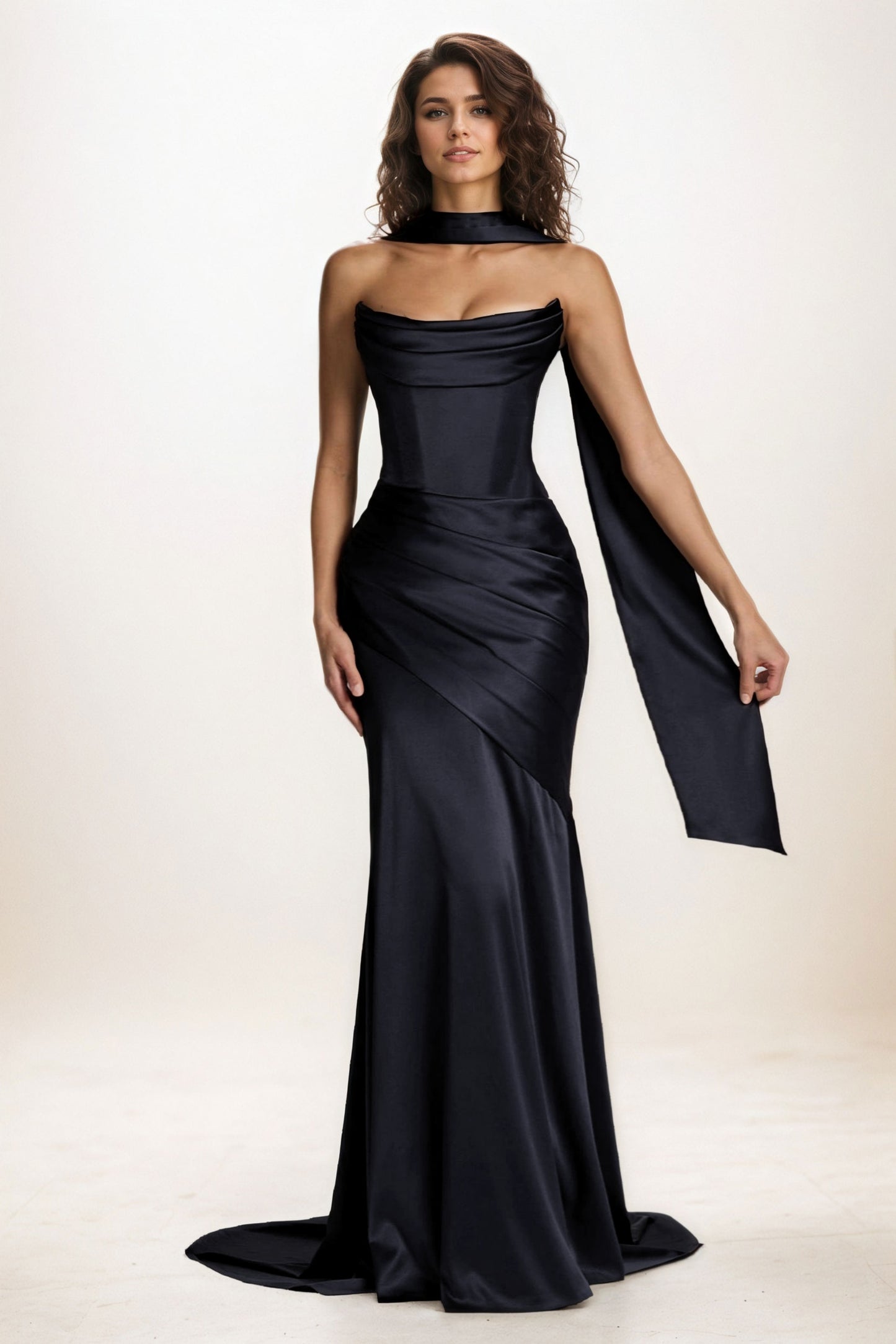 Trumpet-Mermaid Sweep-Brush Train Luxe Satin Wedding Guest Dress CG0301