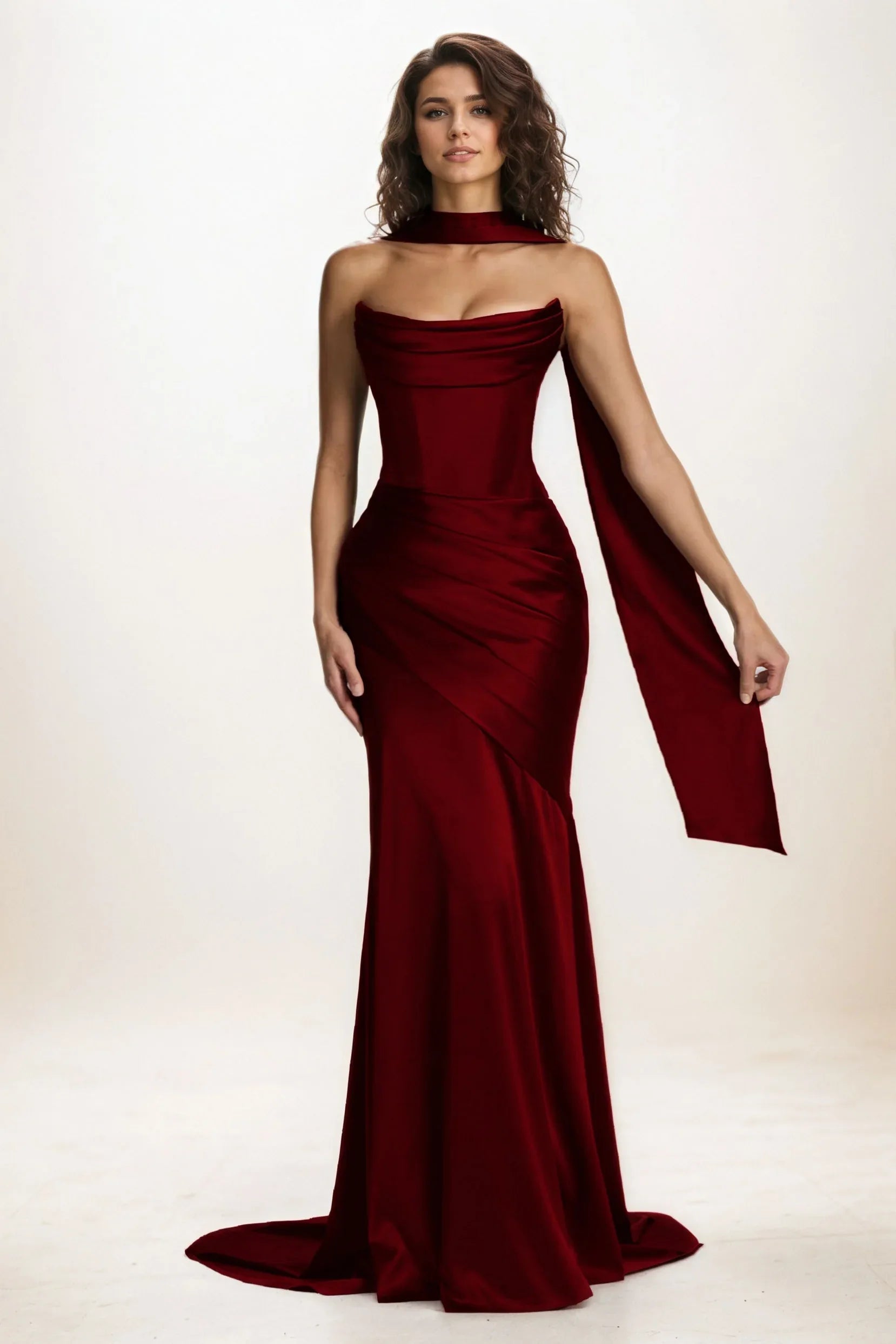 mermaid wedding guest dress Trumpet-Mermaid Sweep-Brush Train Satin Wedding Guest Dress Strapless Formal Gown COCOMELODY CG0301, Marigold