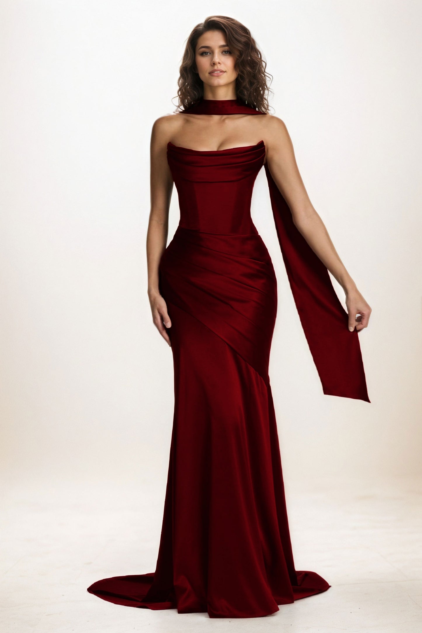 Trumpet-Mermaid Sweep-Brush Train Luxe Satin Wedding Guest Dress CG0301