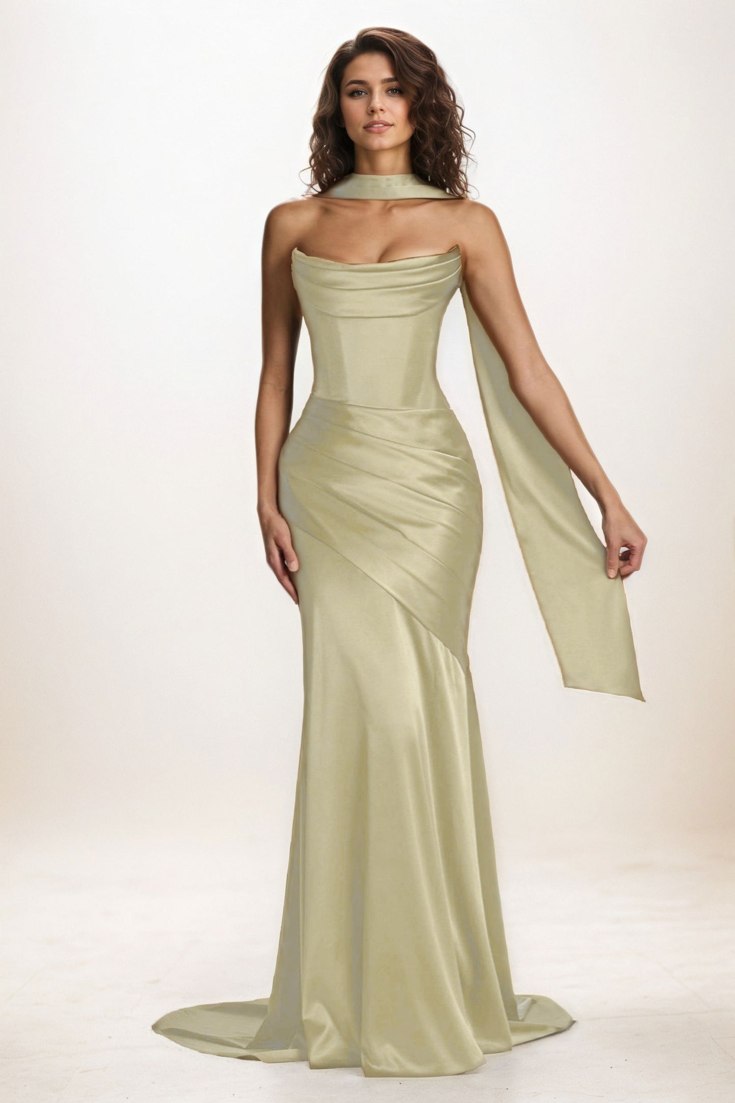 Trumpet-Mermaid Sweep-Brush Train Luxe Satin Wedding Guest Dress CG0301