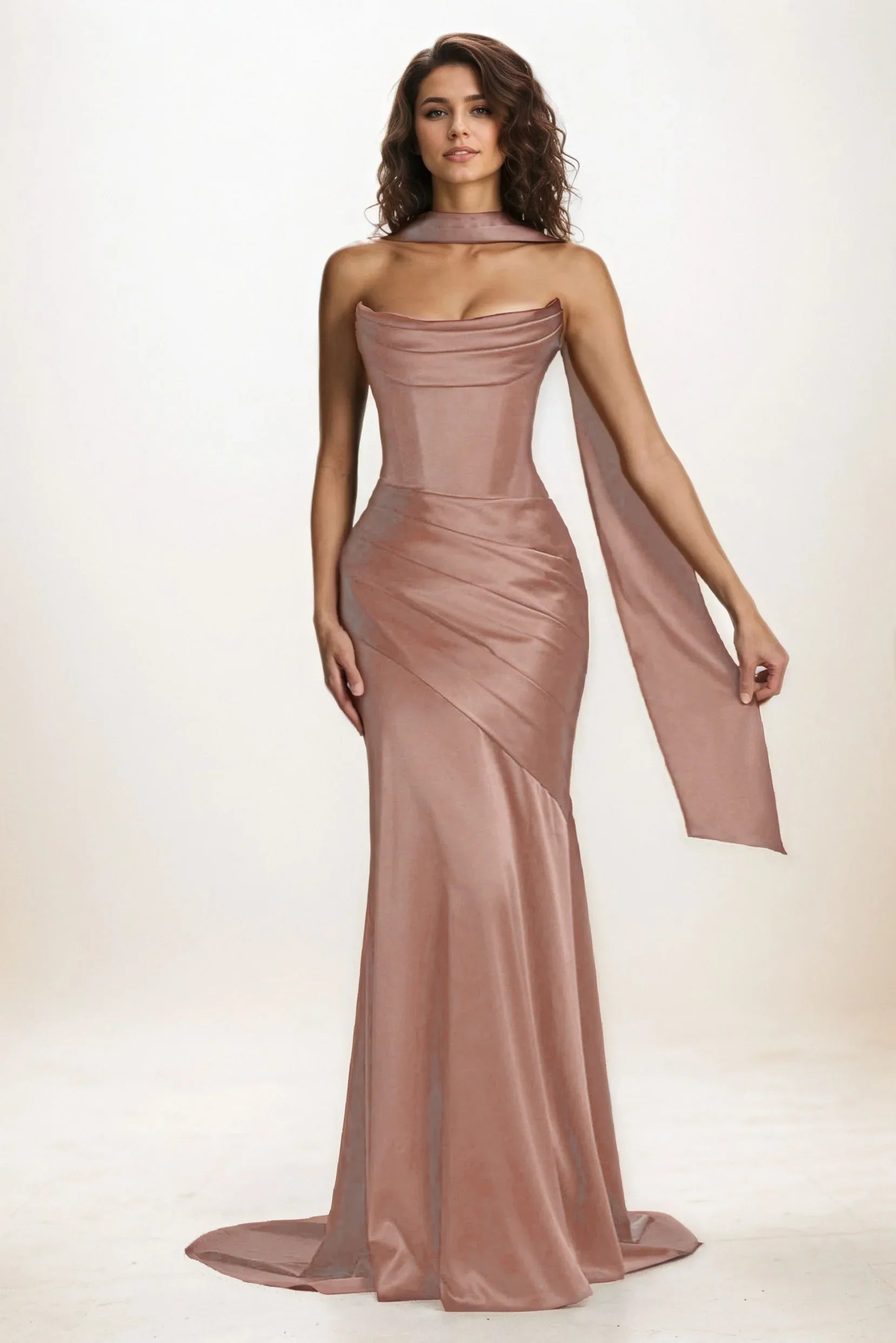 Trumpet-Mermaid Sweep-Brush Train Satin Wedding Guest Dress Strapless Formal Gown COCOMELODY CG0301, Dusty Rose Trumpet-Mermaid Sweep-Brush Train Satin Wedding Guest Dress Strapless Formal Gown COCOMELODY CG0301, Dusty Rose
