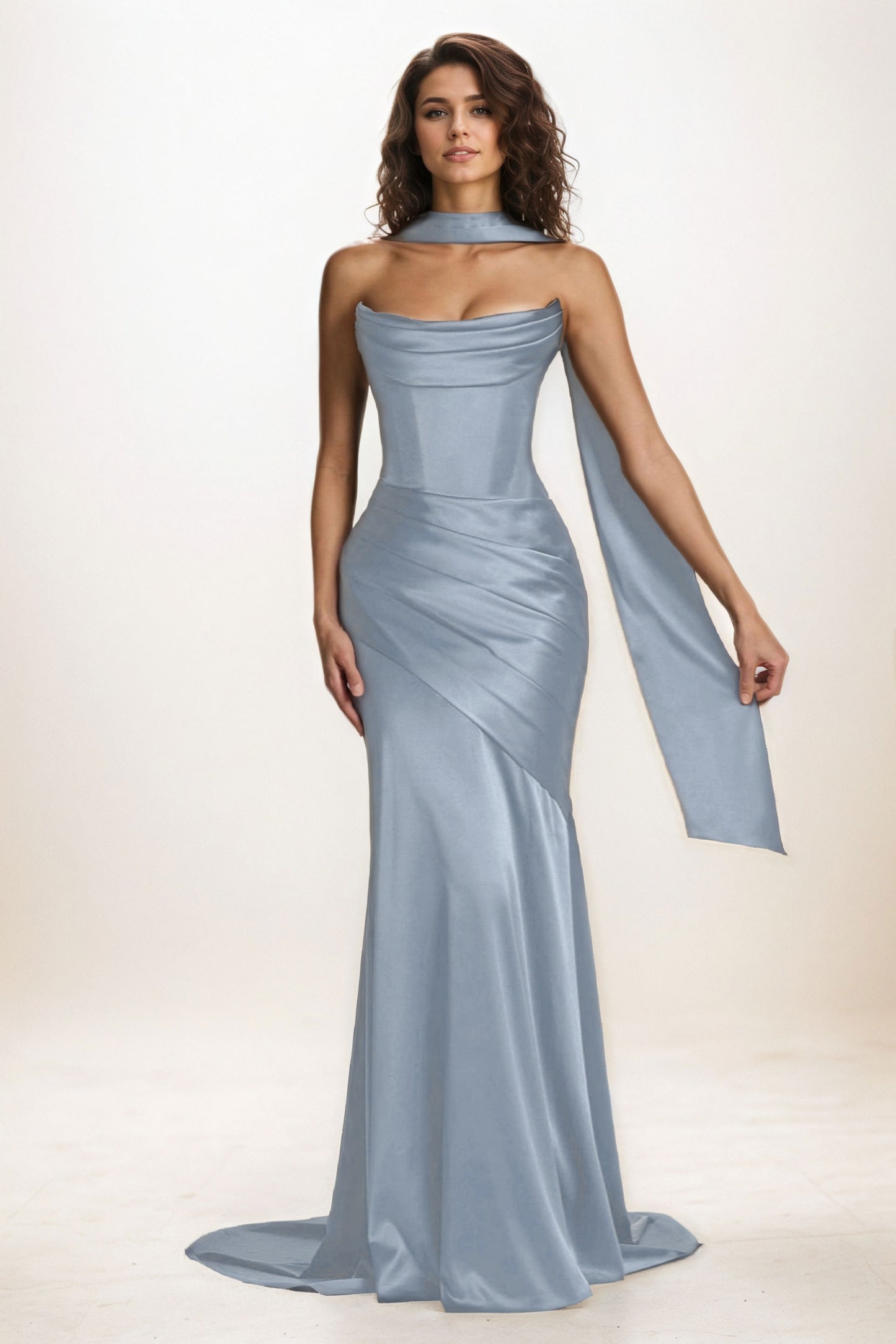 Trumpet-Mermaid Sweep-Brush Train Luxe Satin Wedding Guest Dress CG0301
