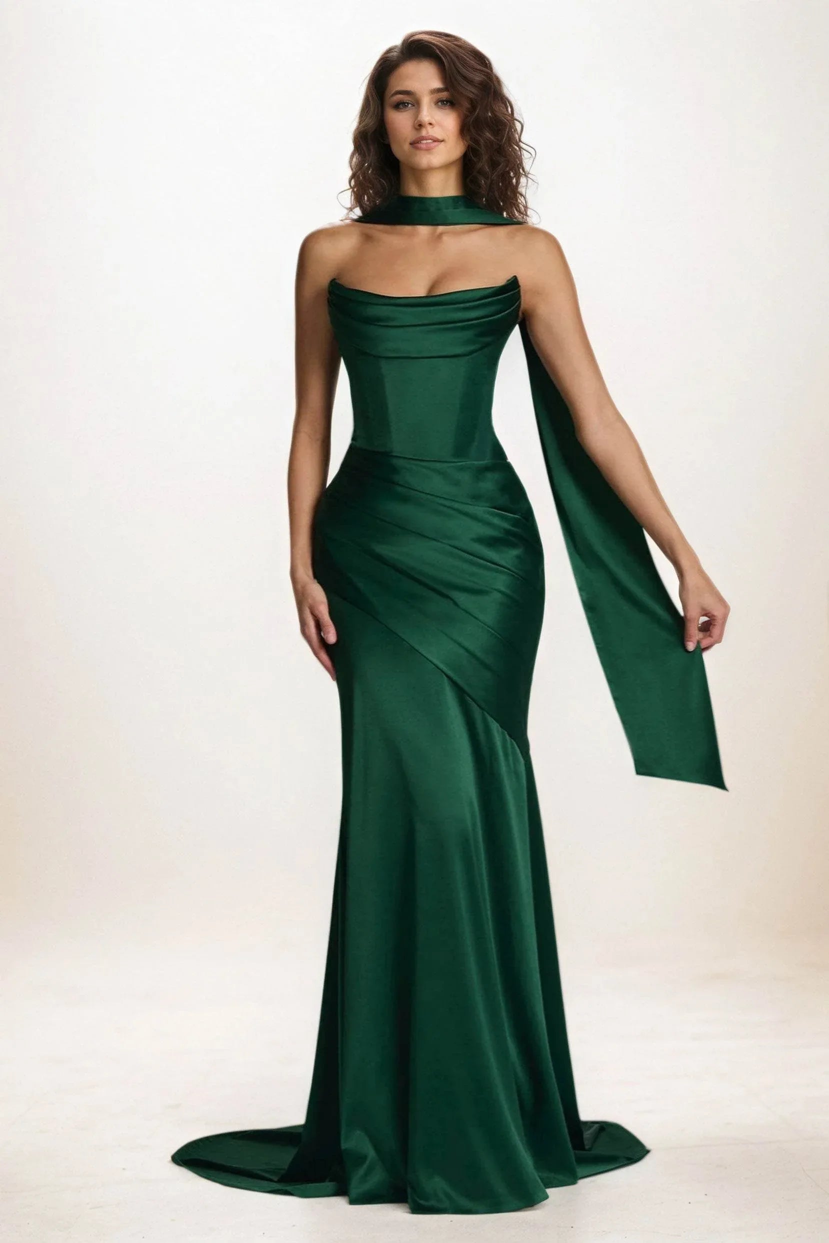 Mermaid Sweep-Brush Train Satin Wedding Guest Dress Strapless Neck Scarf Formal Gown COCOMELODY CG0301, Marigold
