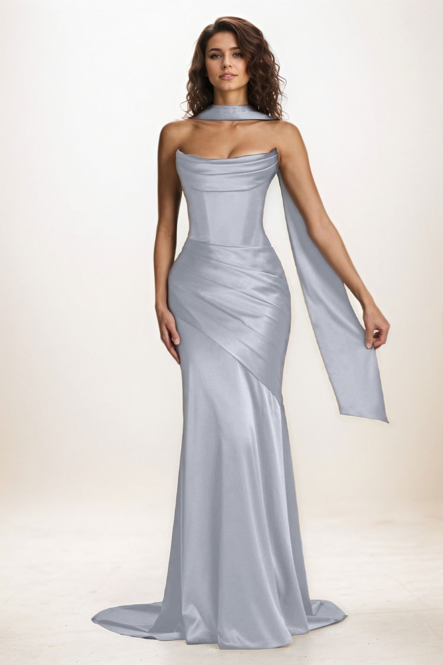 Trumpet-Mermaid Sweep-Brush Train Luxe Satin Wedding Guest Dress CG0301