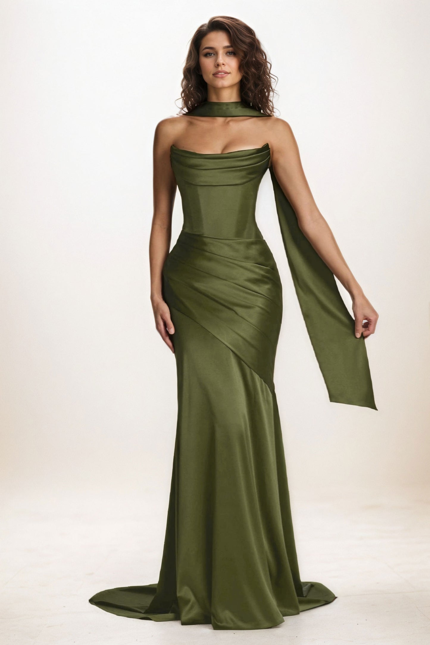 Trumpet-Mermaid Sweep-Brush Train Luxe Satin Wedding Guest Dress CG0301