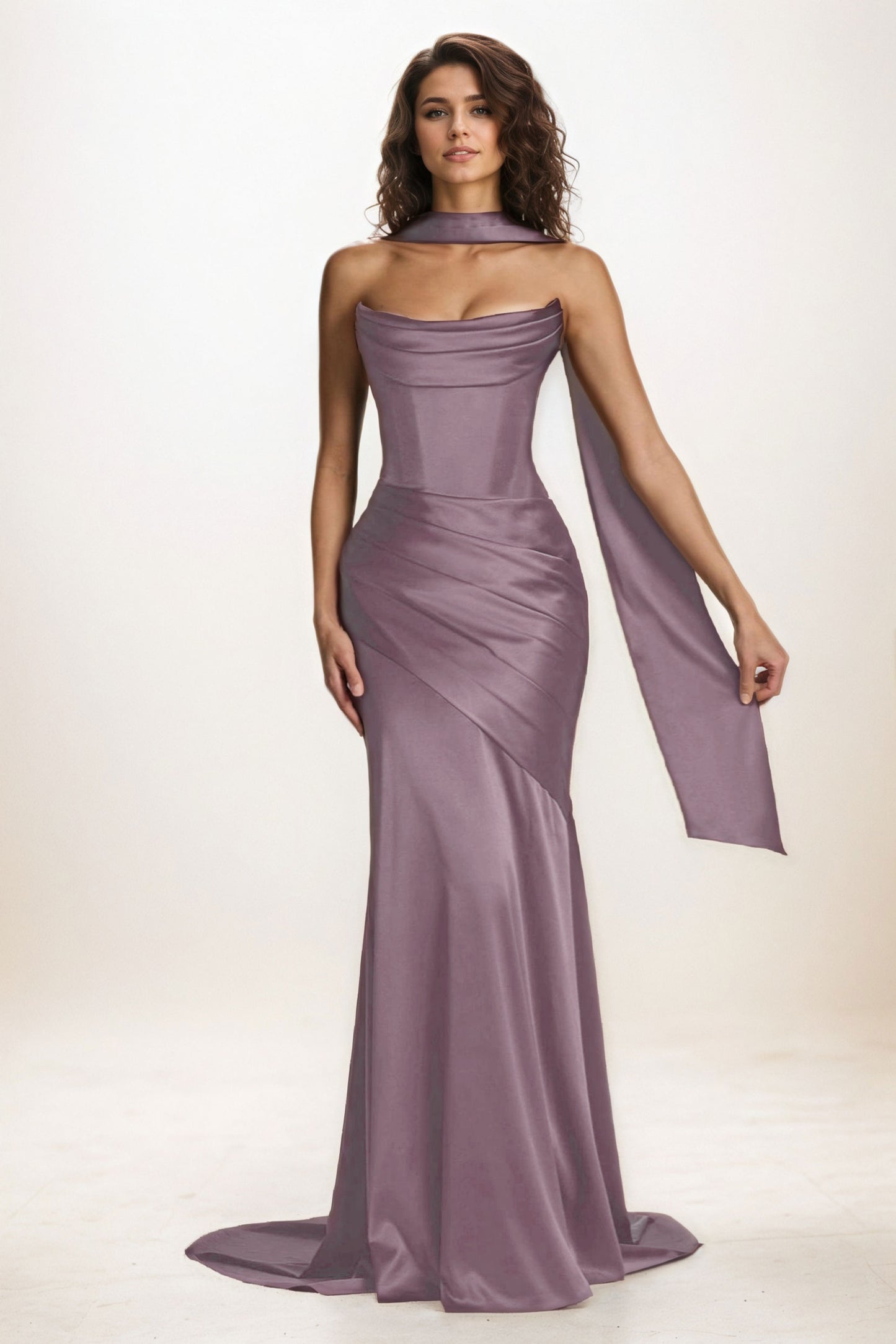 Trumpet-Mermaid Sweep-Brush Train Luxe Satin Wedding Guest Dress CG0301