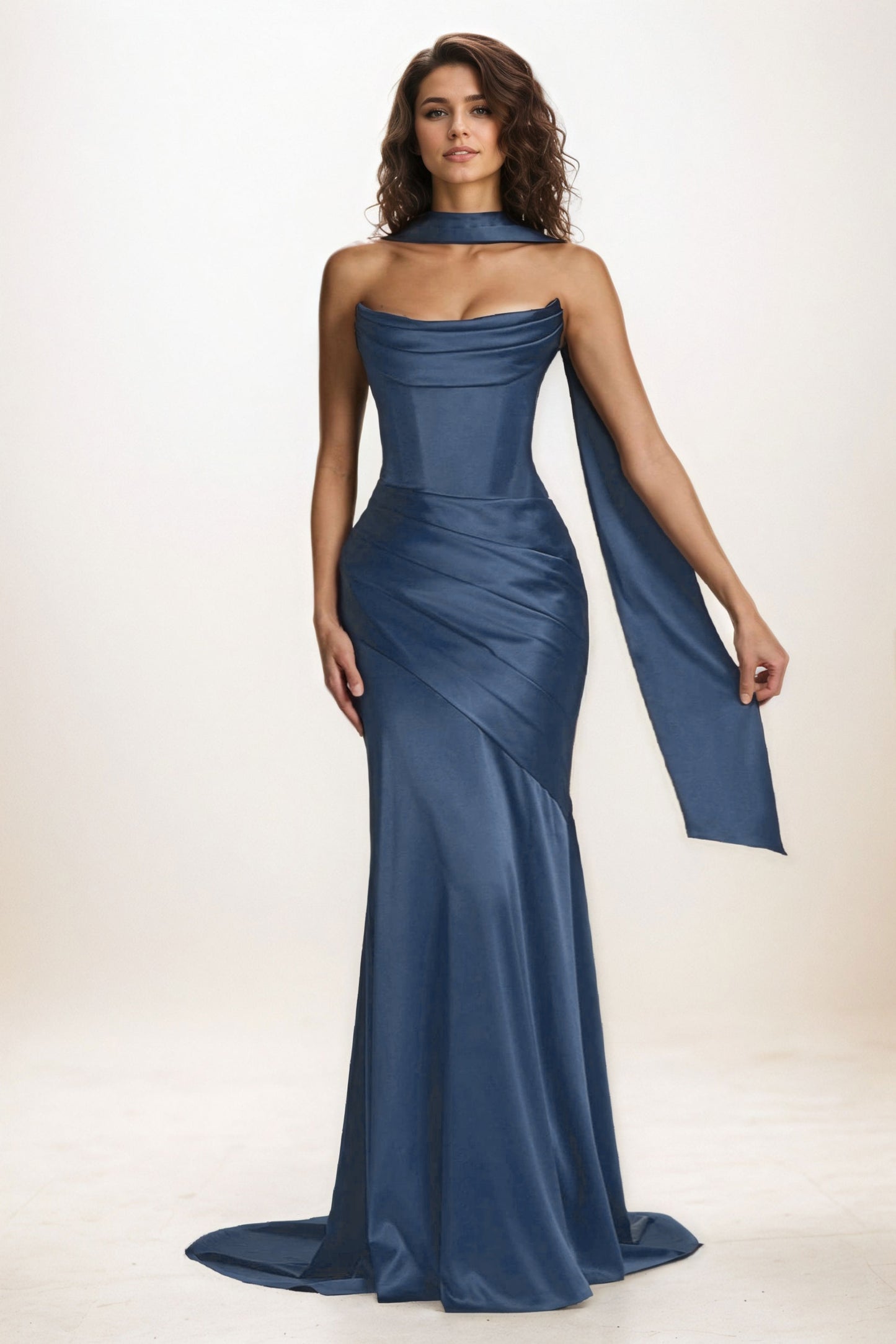 Trumpet-Mermaid Sweep-Brush Train Luxe Satin Wedding Guest Dress CG0301