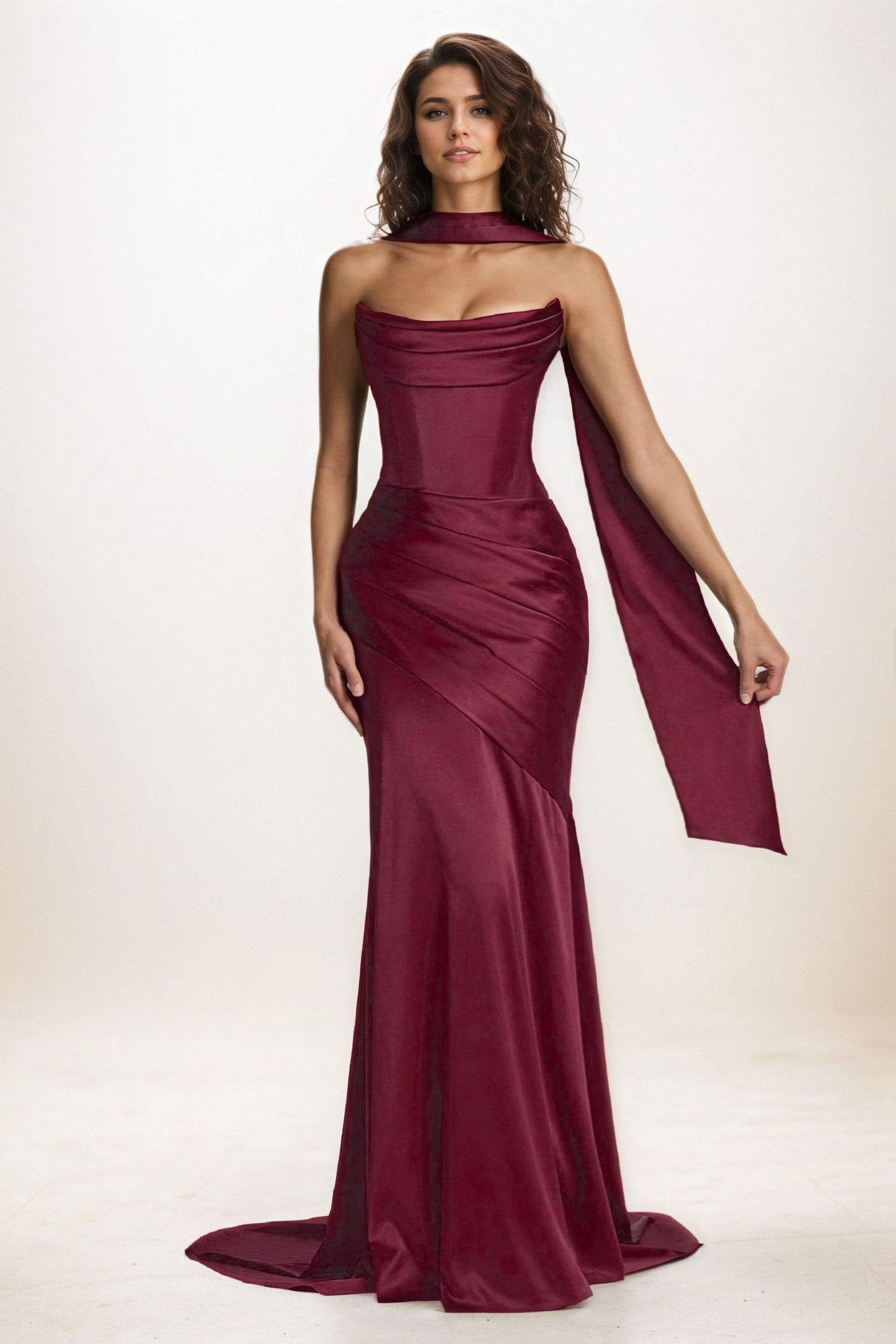 Trumpet-Mermaid Sweep-Brush Train Luxe Satin Wedding Guest Dress CG0301