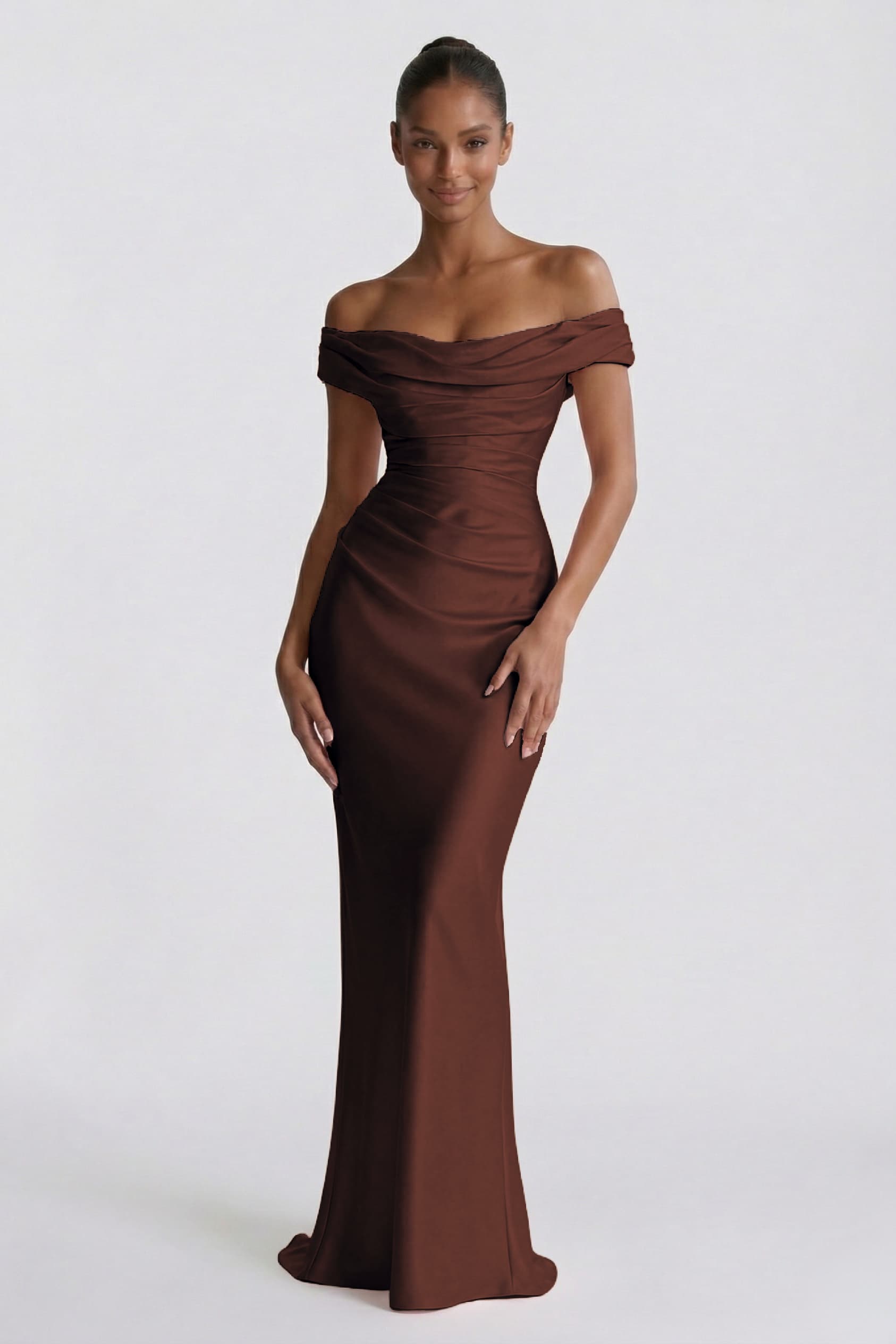 Sheath Floor Length Acetate Satin Formal Dress Sheath Gown with Pleating Off Shoulder COCOMELODY CG0303, Espresso