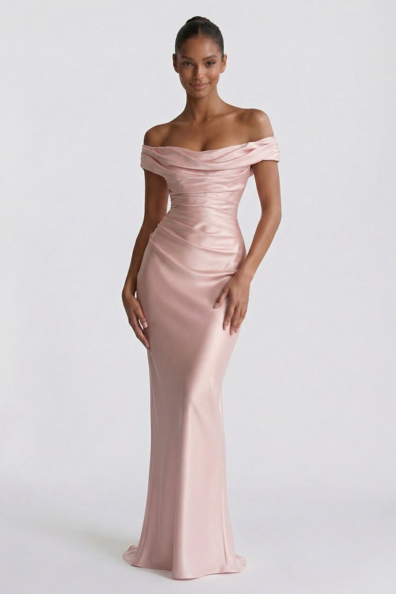 Sheath Floor Length Acetate Satin Formal Dress Sheath Gown with Pleating Off Shoulder COCOMELODY CG0303, Burgundy
