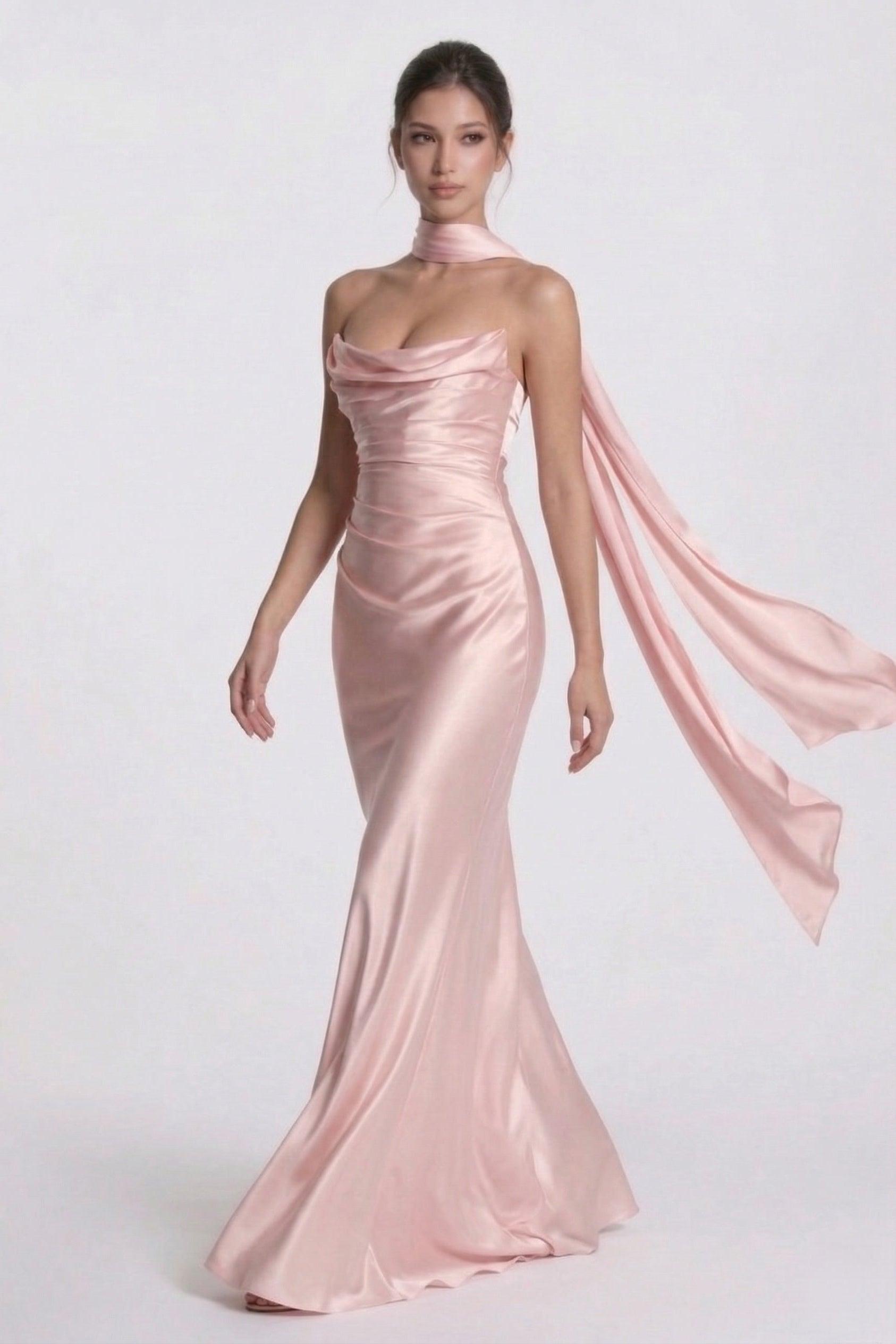 Sheath Floor Length Acetate Satin Bridesmaid Dress Neck Scarf