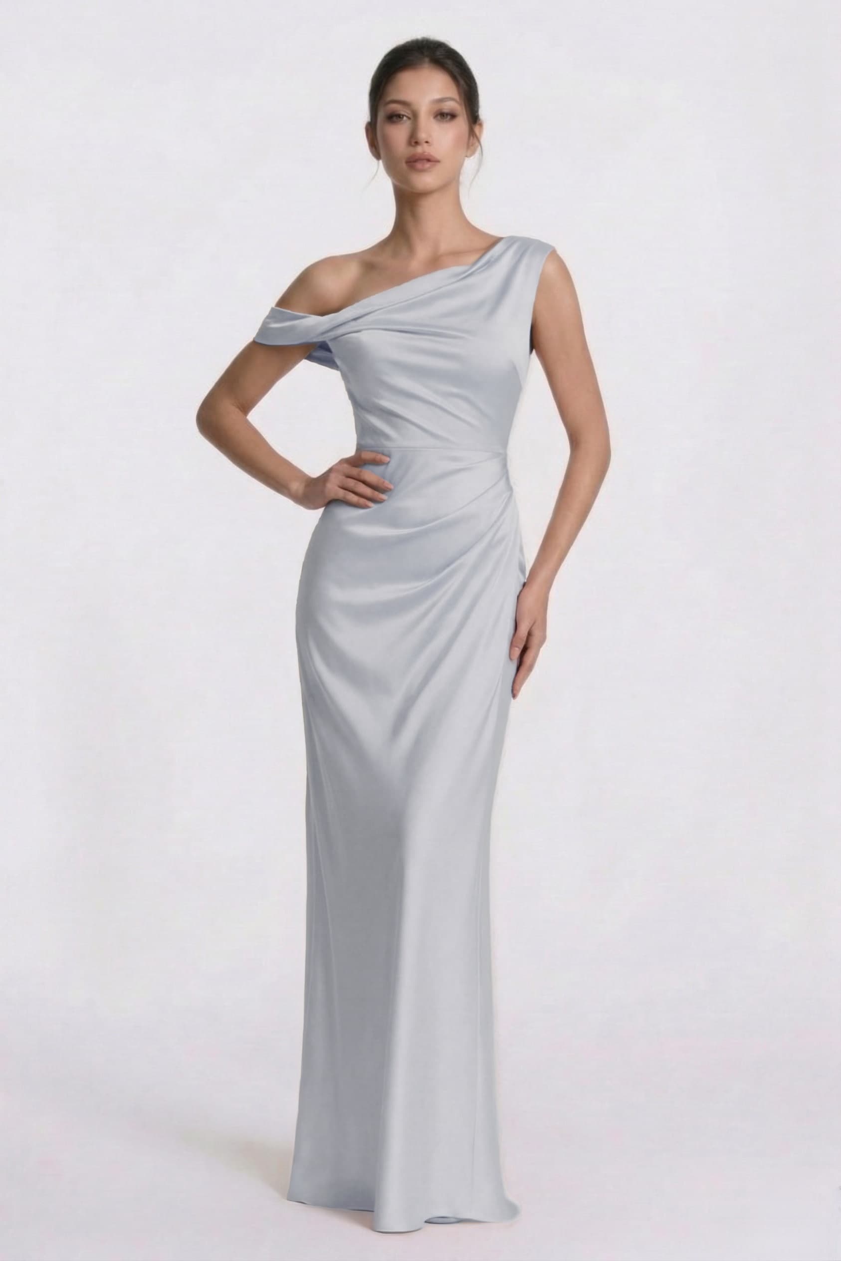 Asymmetrical Sheath Floor Length Acetate Satin Wedding Guest Dress Ruched Formal Gown COCOMELODY CG0309, Purple dusk Asymmetrical Sheath Floor Length Acetate Satin Wedding Guest Dress Ruched Formal Gown COCOMELODY CG0309, Purple dusk