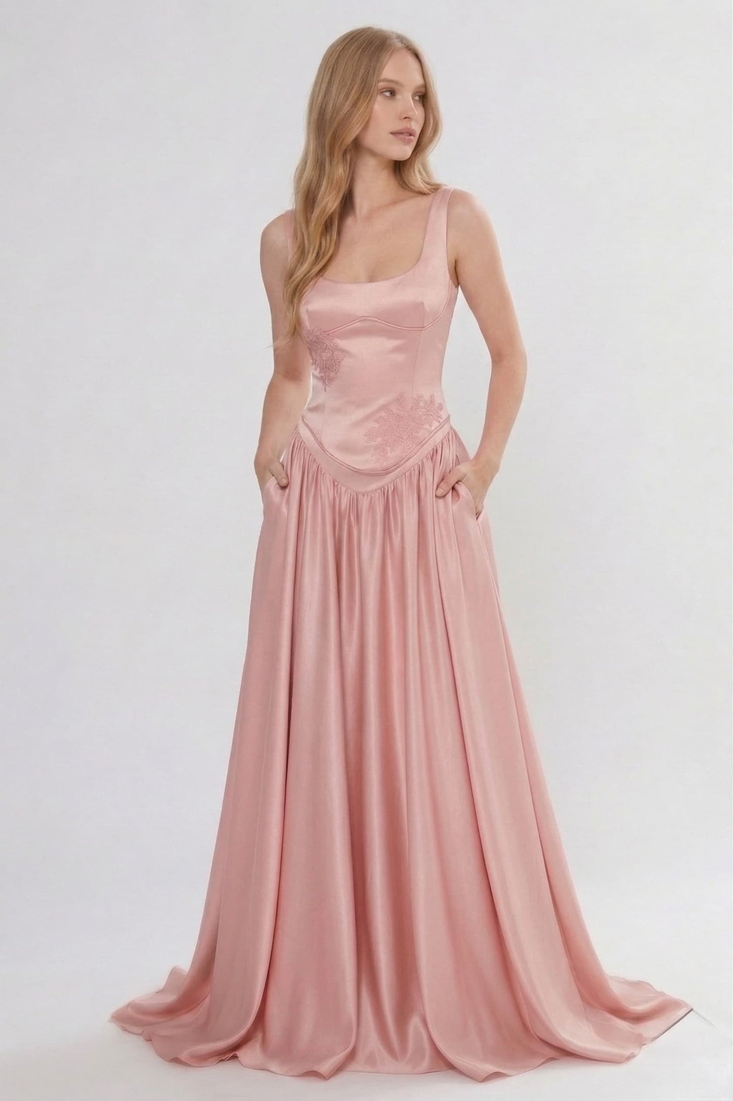 A-Line Floor Length Soft Satin Wedding Guest Dress CG0314