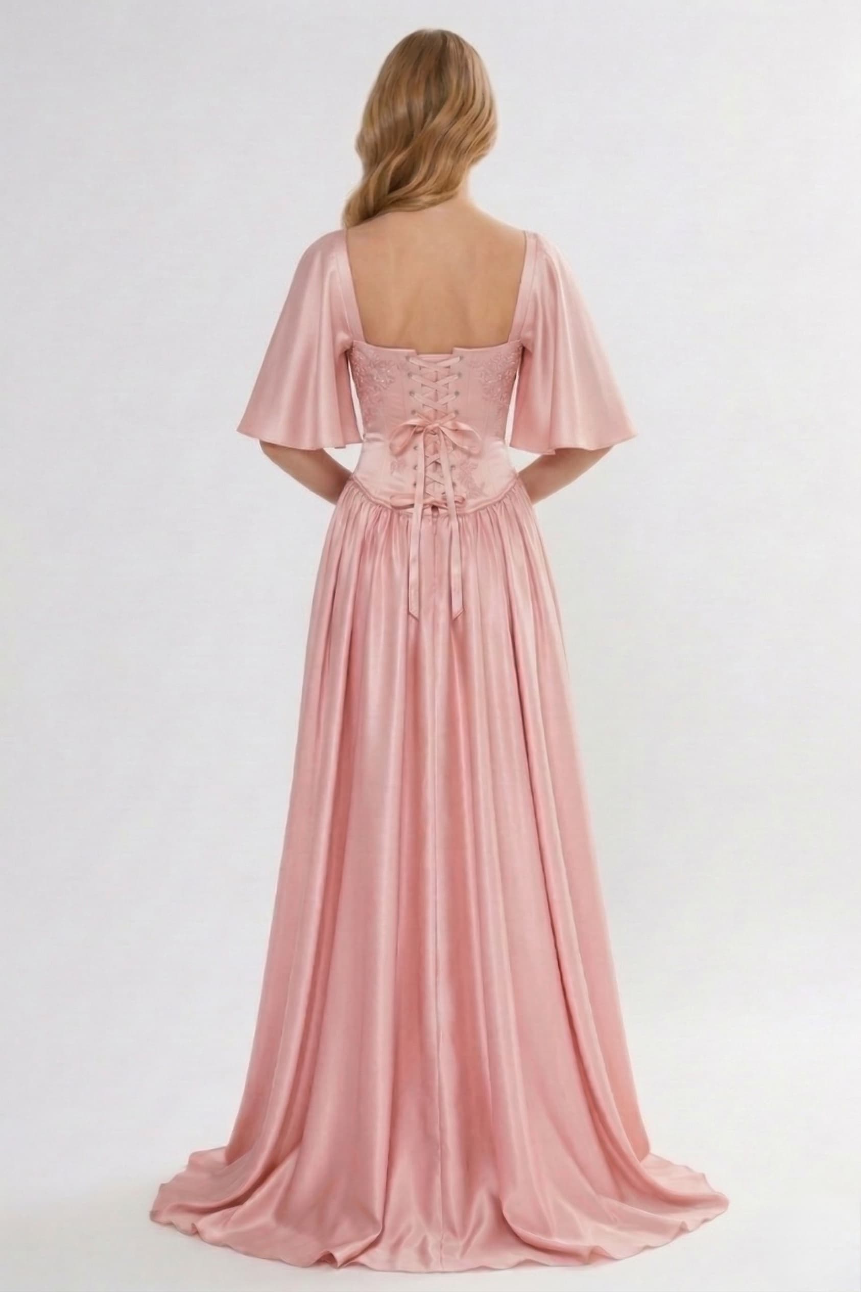 A-Line/Two-Piece Satin Wedding Guest Dress Sweetheart Bell Sleeve Pleated Formal Gown COCOMELODY CG0316, Silver Sage