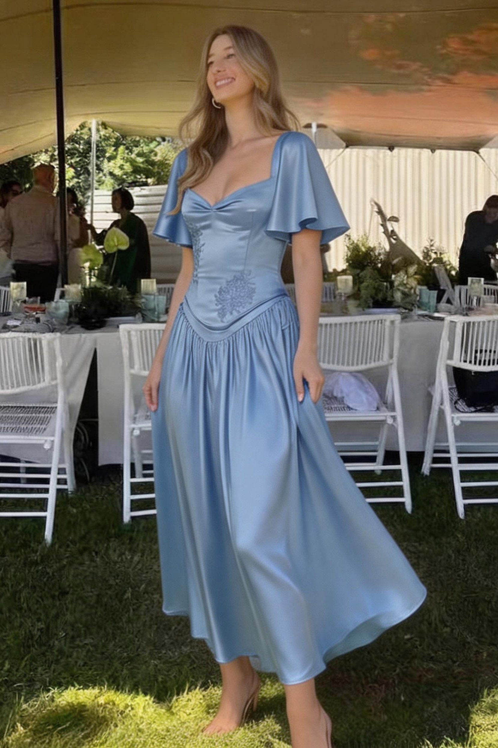 light blue satin dress with sleeves Light Blue Satin Long Prom Dress with Pearls, A-Line Short Sleeve Part