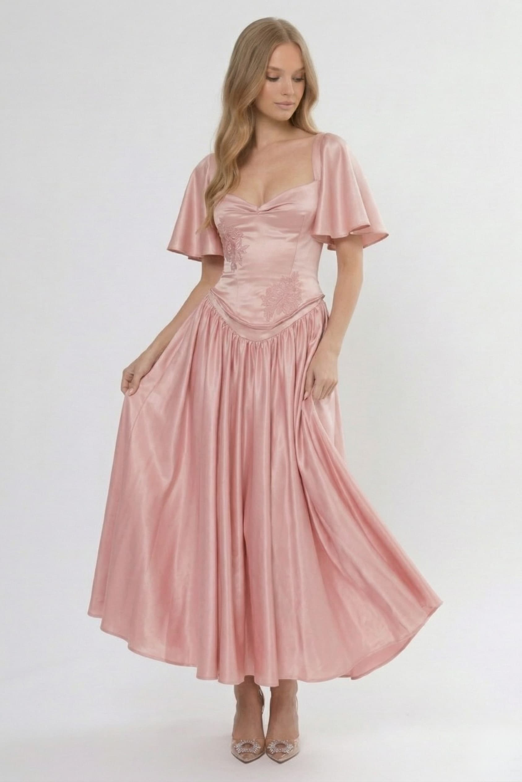 Soft Satin A-Line Two-Piece Ankle Length Romantic Wedding Guest Dress with Bell Sleeve COCOMELODY CG0317, Dusty Rose