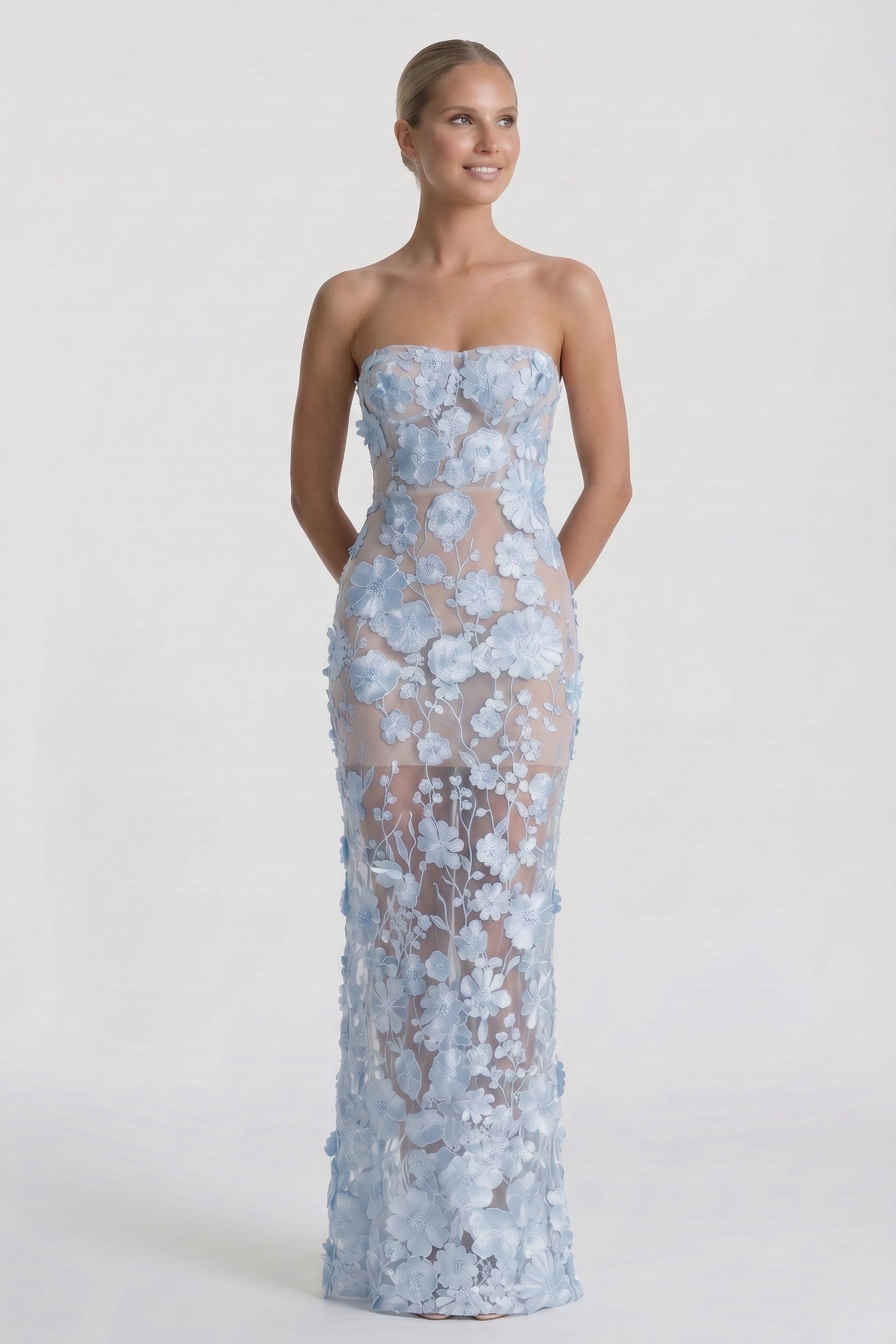 Sheath Maxi Lace Wedding Guest Dress Strapless Elegant Formal Gown COCOMELODY CG0318, As Picture:Ivory/Nude