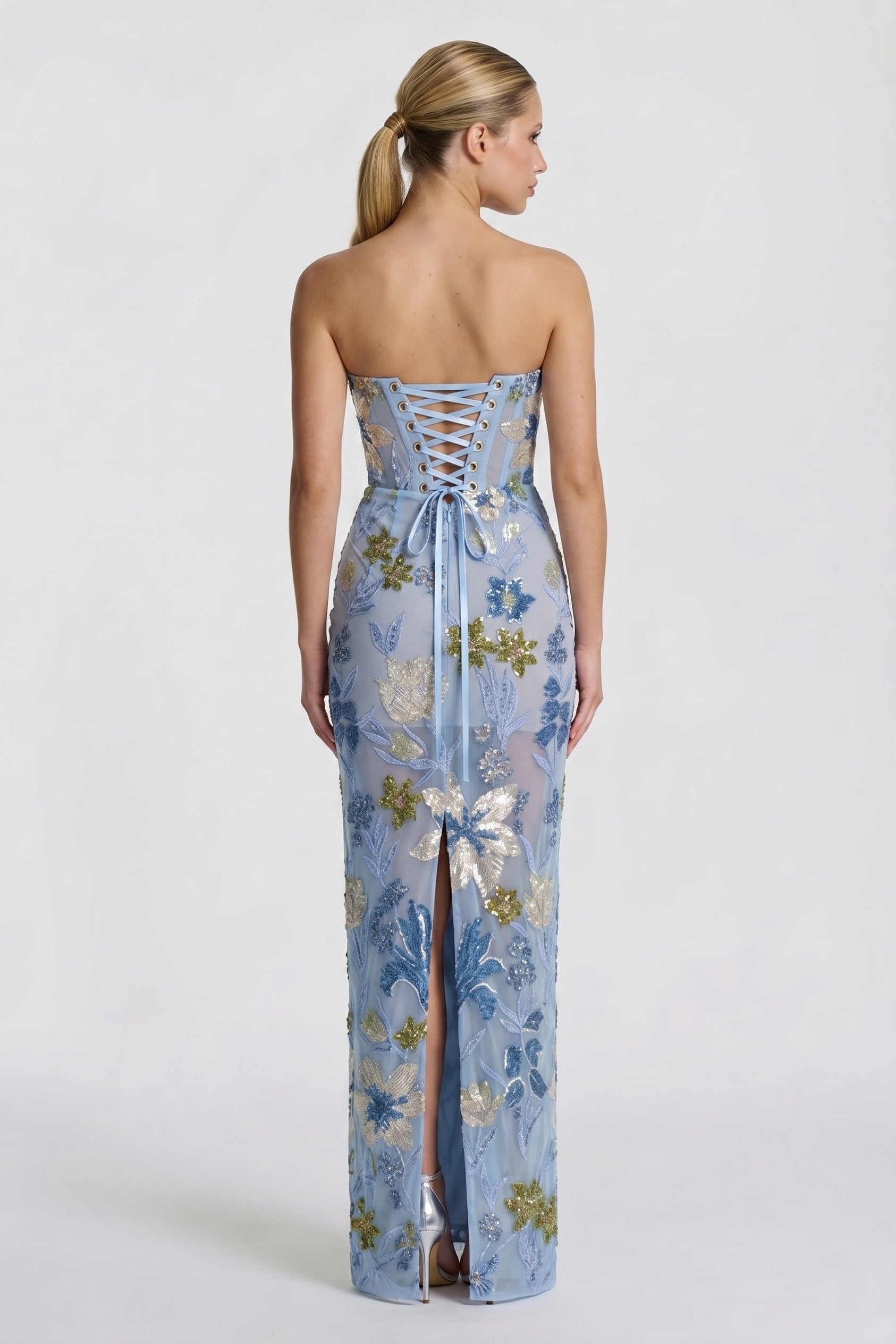 Floral Lace Sheath Strapless Corset Back Maxi Wedding Guest Dress Sequined Formal Gown COCOMELODY CG0320, As Picture:Purple/Nude