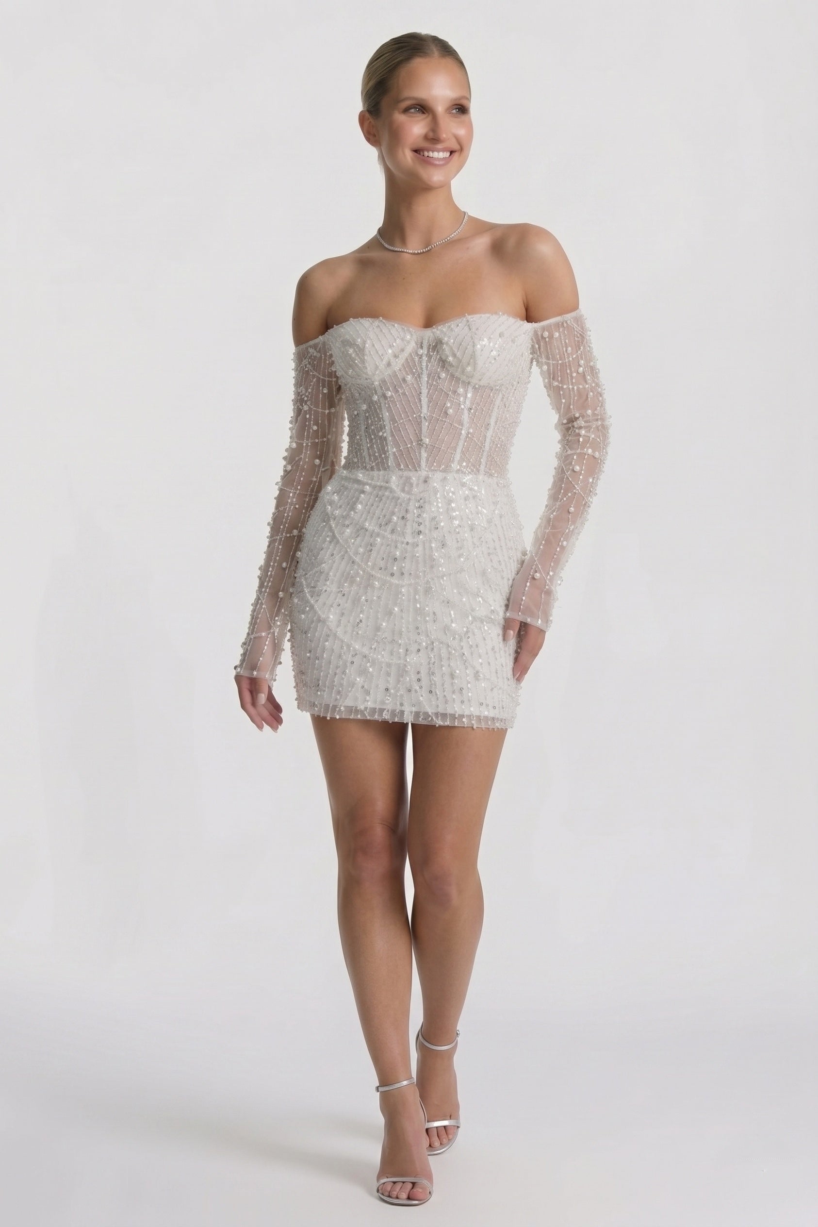 Chic Sheath Mini Lace Little White Dress with Beading Off the Shoulder Sleeves COCOMELODY CG0322CW, 15 Days / Black / US16-UK18-EUR46