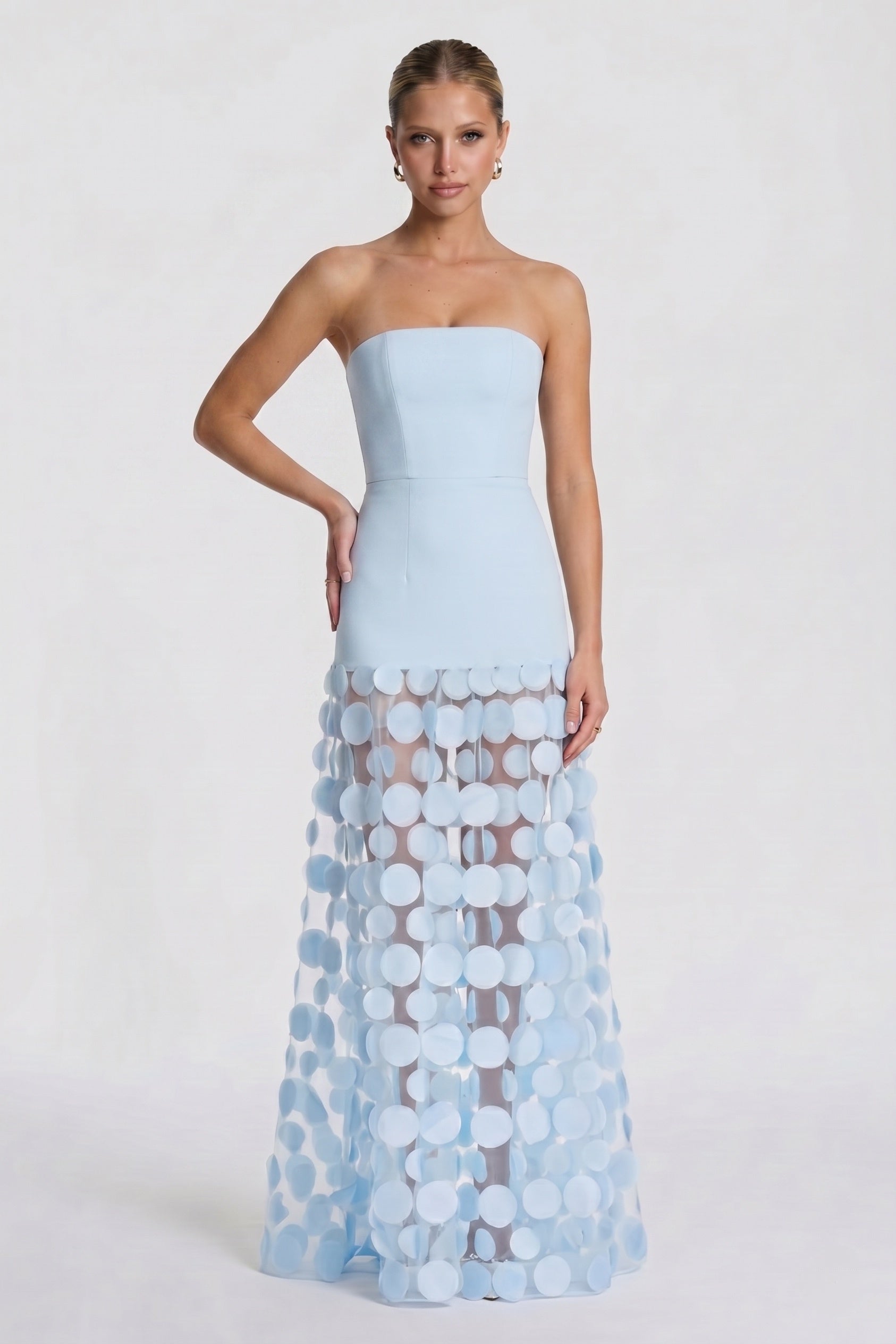 A-Line Maxi Elastic Cloth Tulle Strapless Wedding Guest Dress with Statement Detail COCOMELODY CG0325, As picture:Black/Ivory