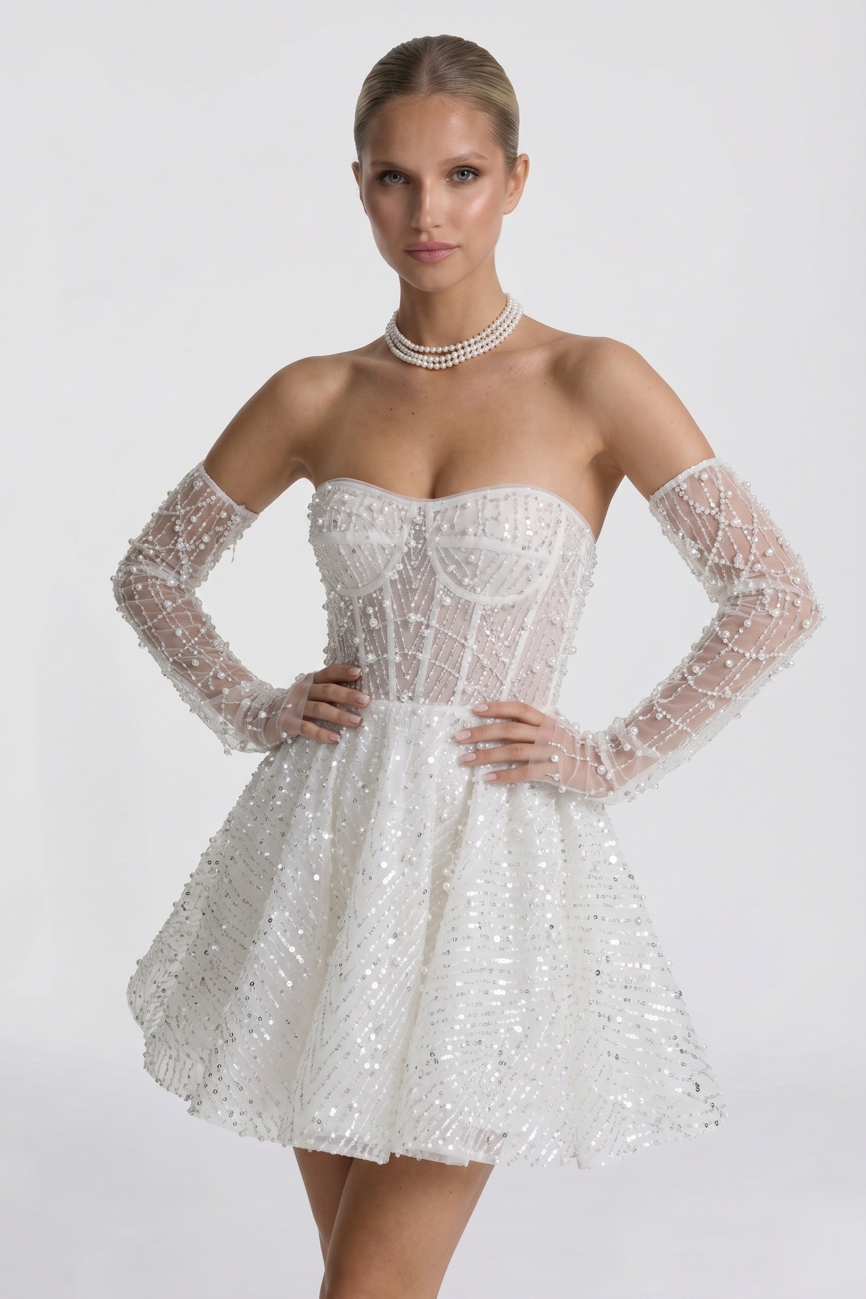 A-Line Mini Lace Little White Dresses Off the Shoulder Wedding Guest Dress  COCOMELODY CG0327CW