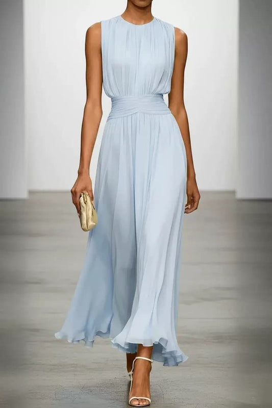 Light Blue Chiffon Wedding Guest Dress A-Line Ankle Length Pleated Gown COCOMELODY CG0329, Daffodil
