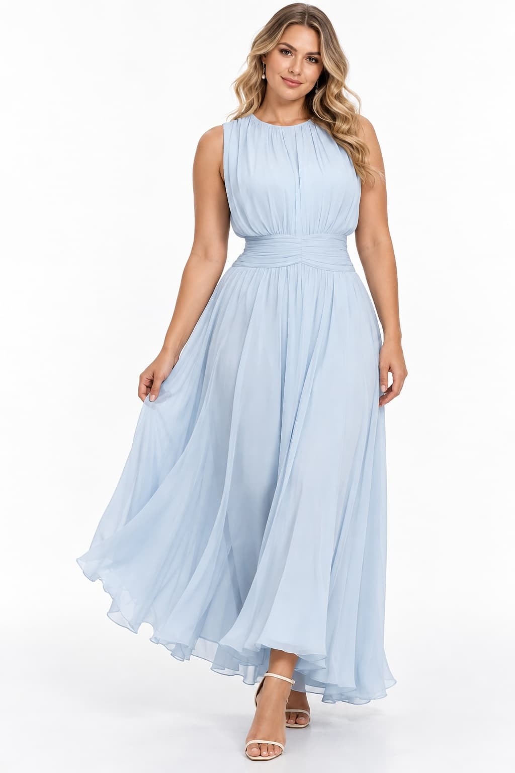 blue formal dress wedding guest Light Chiffon A-Line Ankle Length Pleated Wedding Guest Gown COCOMELODY CG0329, Daffodil dusty blue formal dress for wedding