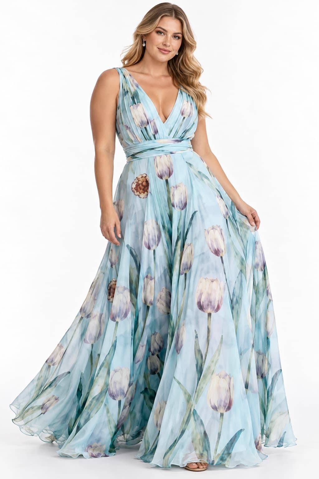 A-Line Maxi Printed Chiffon Wedding Guest Dress CG0330 - Blue - COCOMELODY