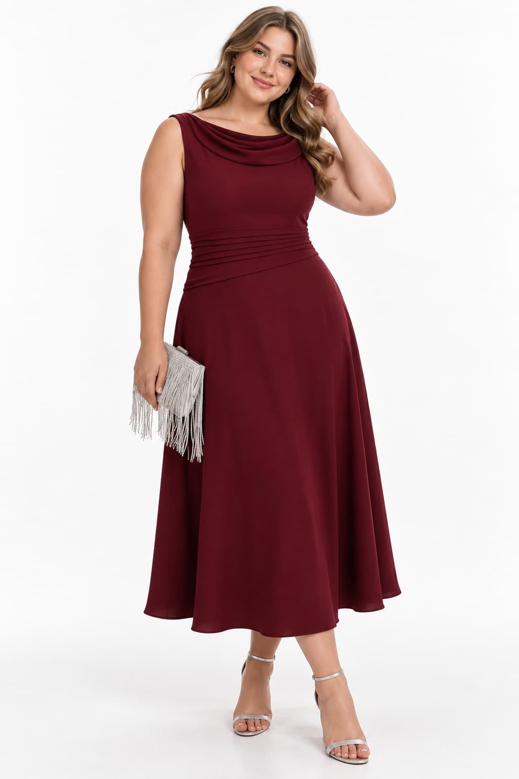 A-Line Tea Length Elastic Cloth Wedding Guest Dress CG0335 - Wine - COCOMELODY