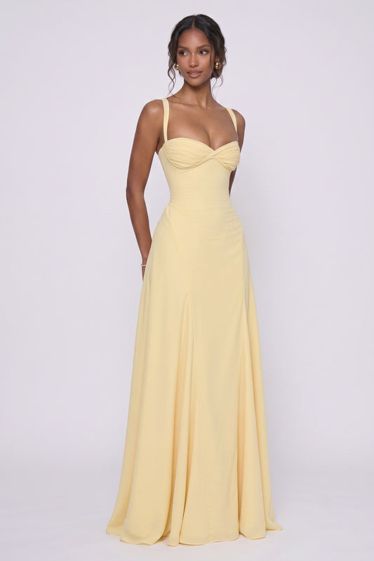 Butter Yellow Wedding Guest Dress Sweetheart Chiffon Maxi A Line Bridesmaid Gown COCOMELODY CG0336