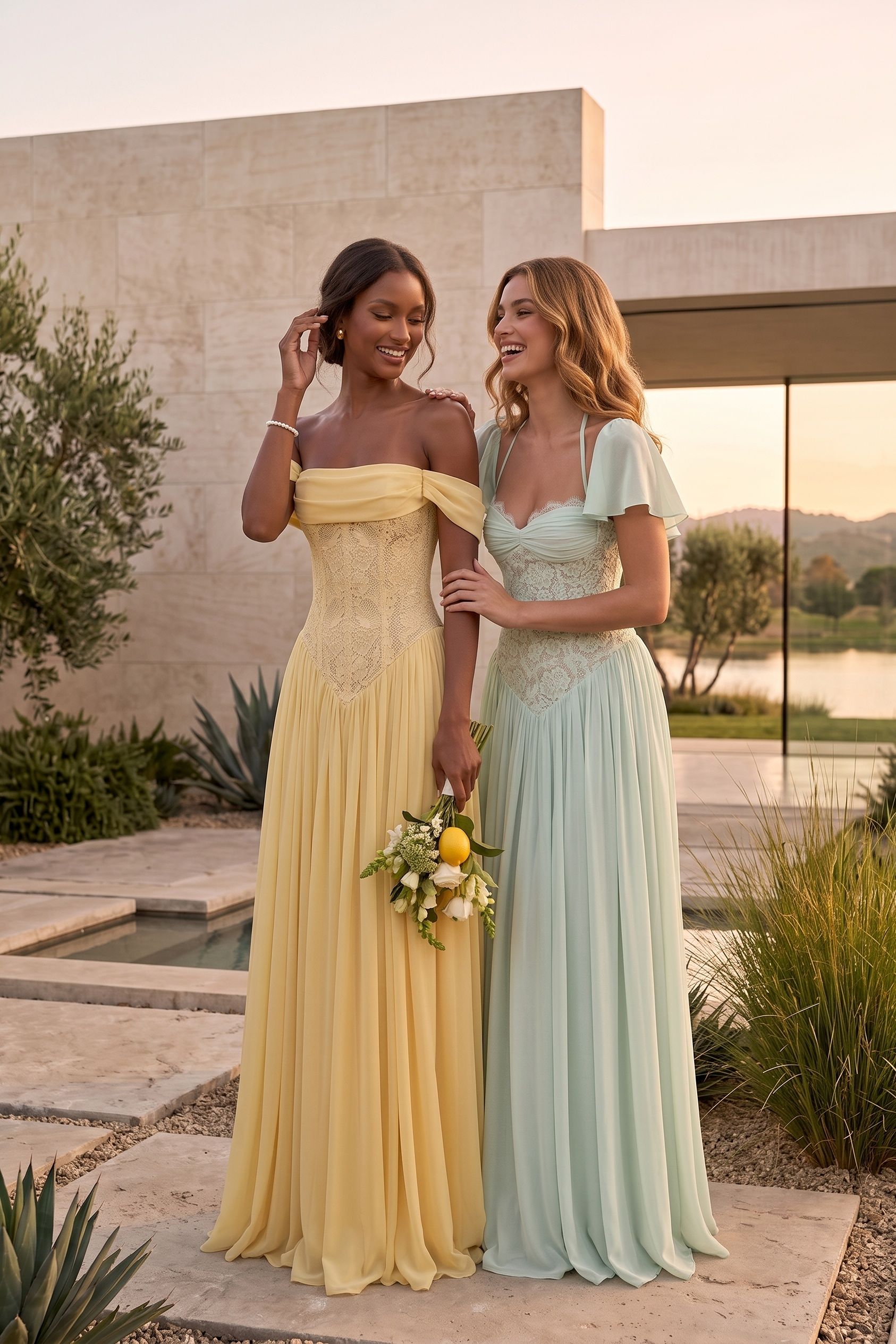 Butter Yellow Off Shoulder Wedding Guest Dress Lace Chiffon A Line Maxi Gown COCOMELODY CG0338