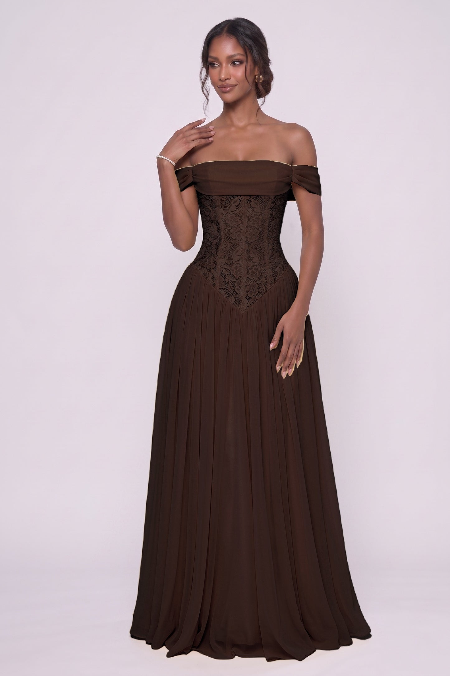 A-Line Floor-length Chiffon Lace Wedding Guest Dress CG0338
