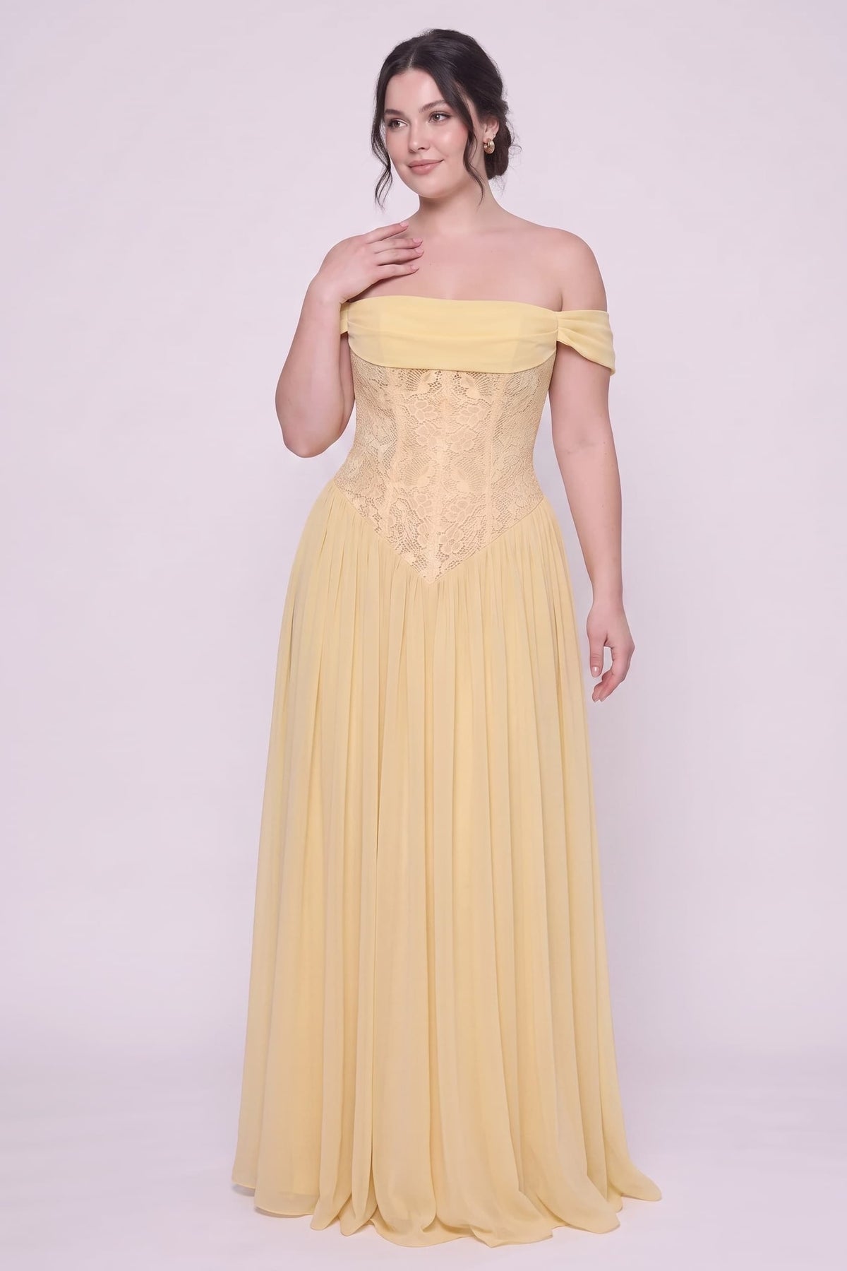 A-Line Floor-length Chiffon Lace Wedding Guest Dress CG0338 - Butter Yellow - COCOMELODY