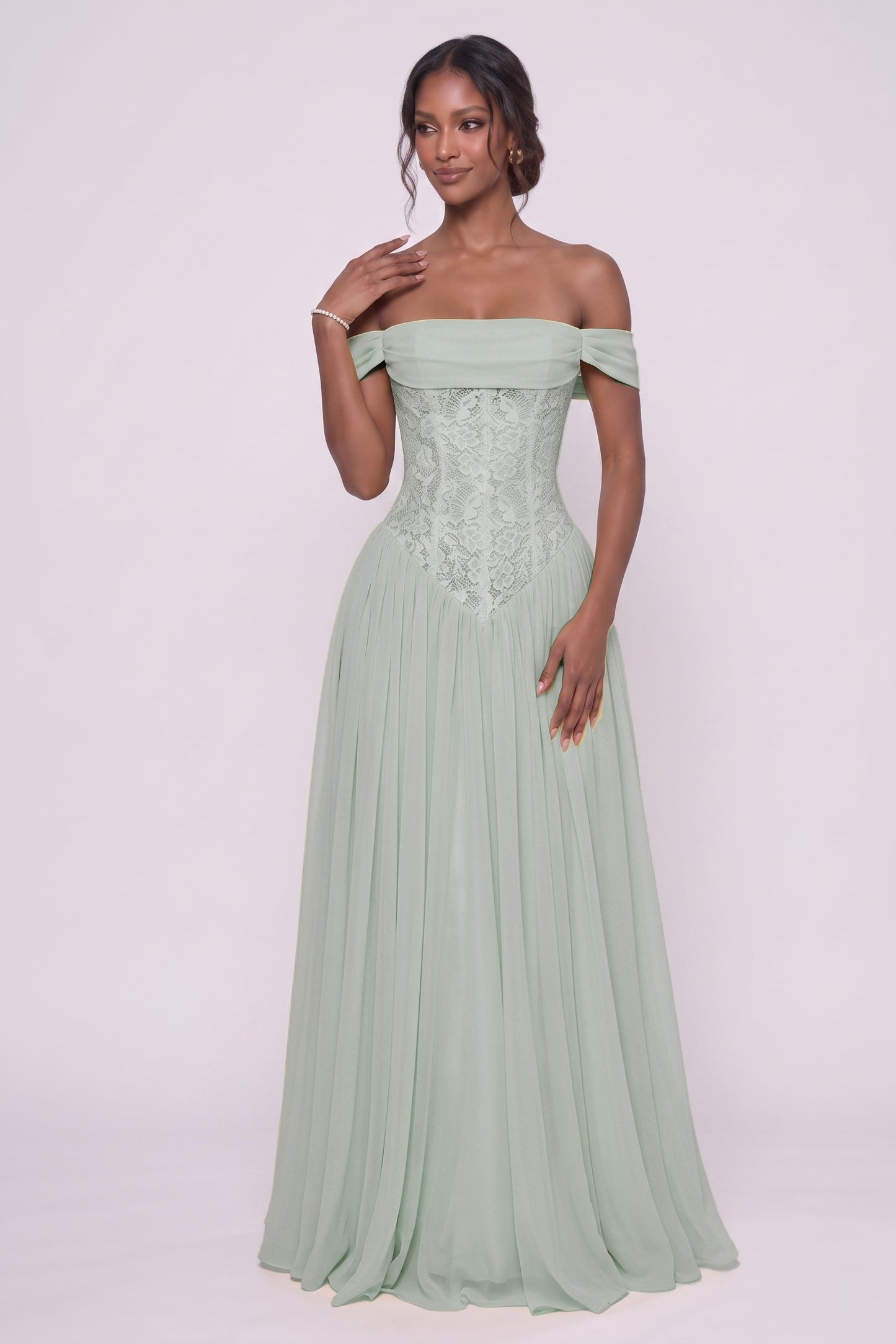 A-Line Floor-length Chiffon Lace Wedding Guest Dress CG0338