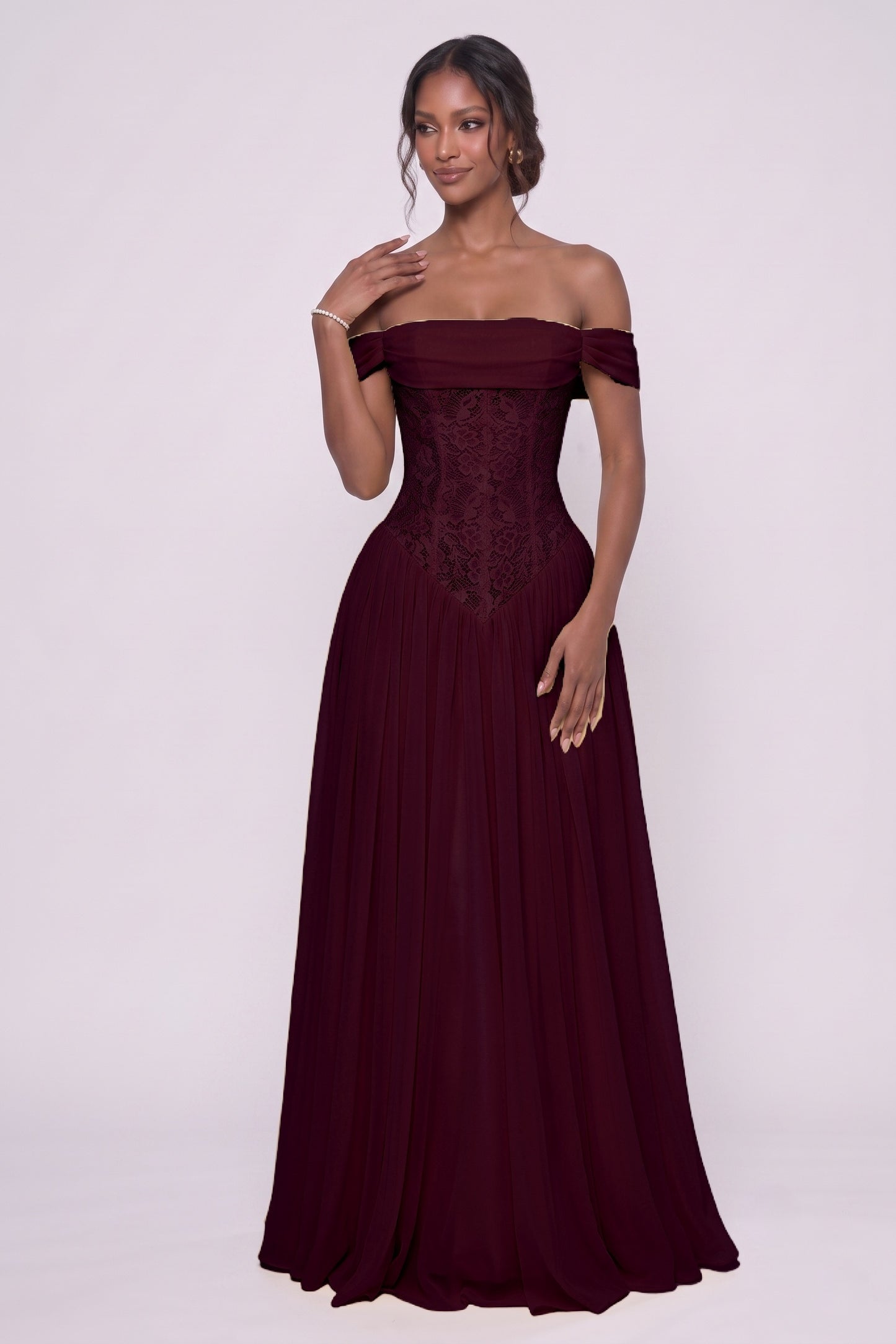 A-Line Floor-length Chiffon Lace Wedding Guest Dress CG0338
