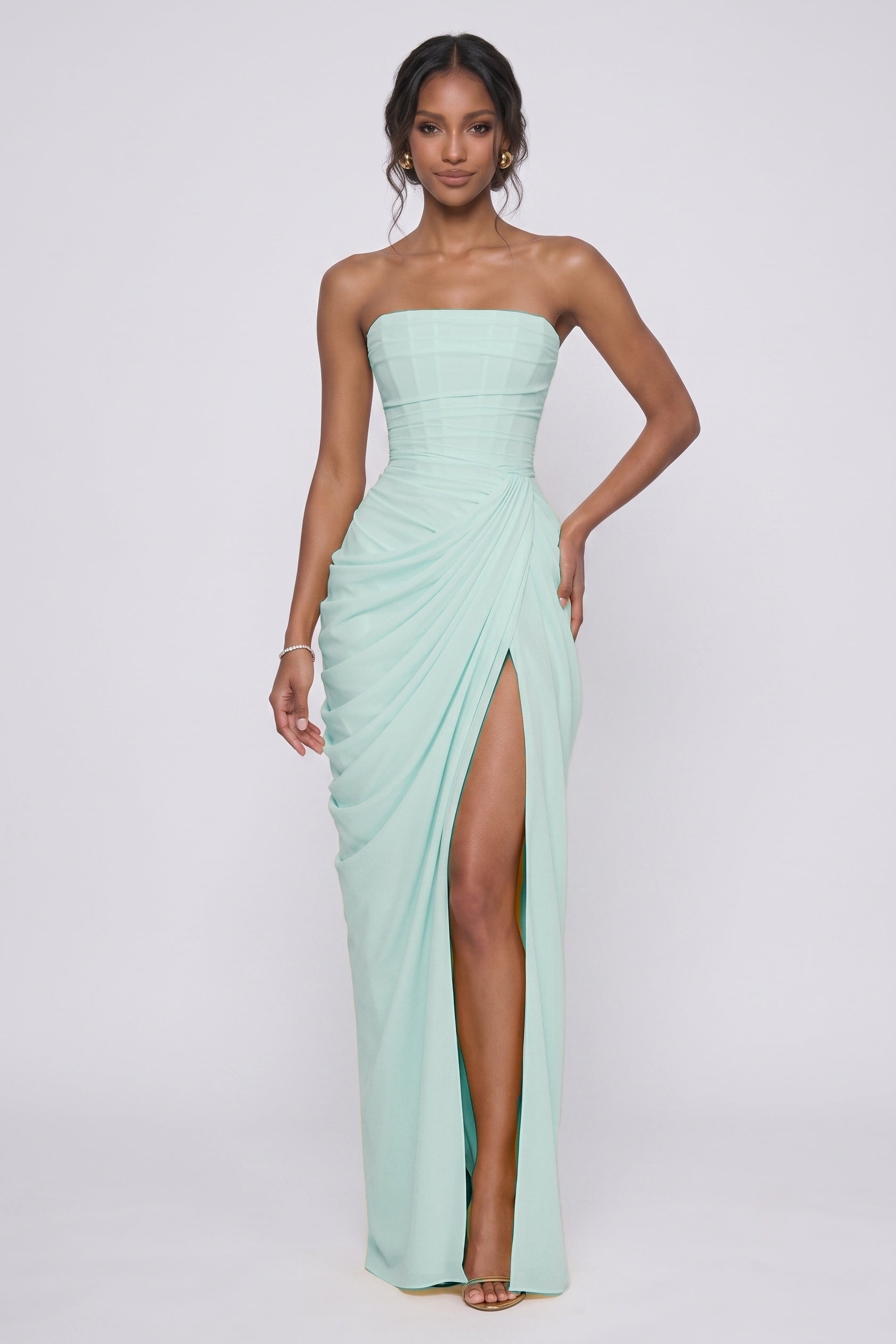 Strapless Stretch Chiffon Wedding Guest Dress with Corset Back Pleated Maxi Gown COCOMELODY CG0339, Dark Navy