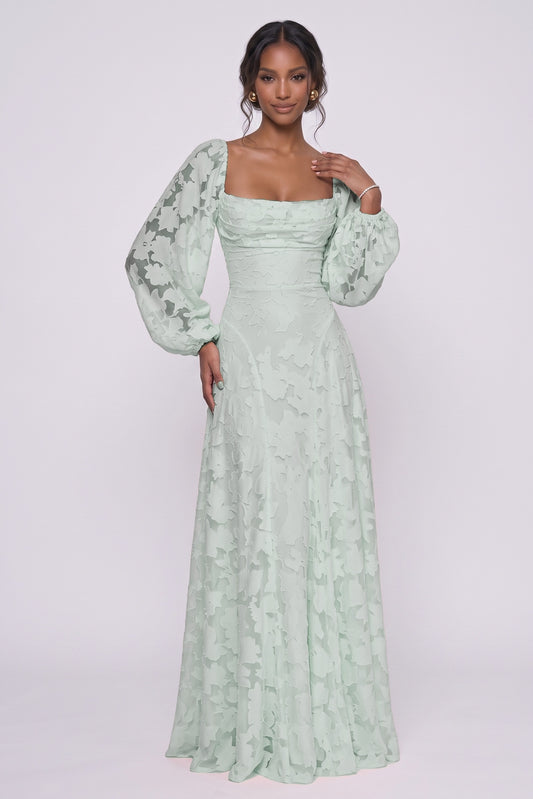Pink Chiffon Burnout Wedding Guest Dress Square Neck Long Sleeve Maxi Gown COCOMELODY CG0340, Dark Navy