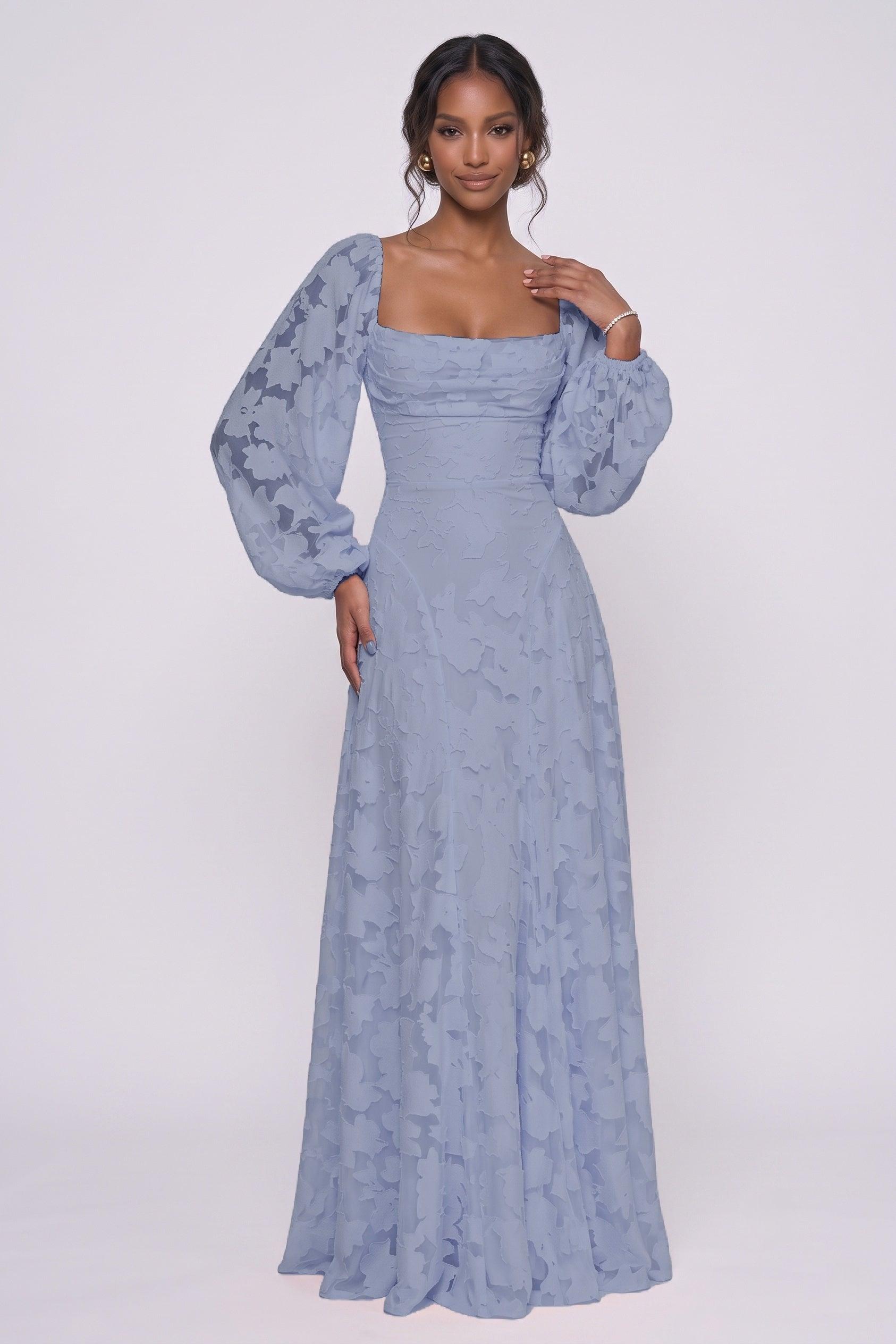 Square Neck Long Sleeve Chiffon Burnout Bridesmaid Dress A-Line