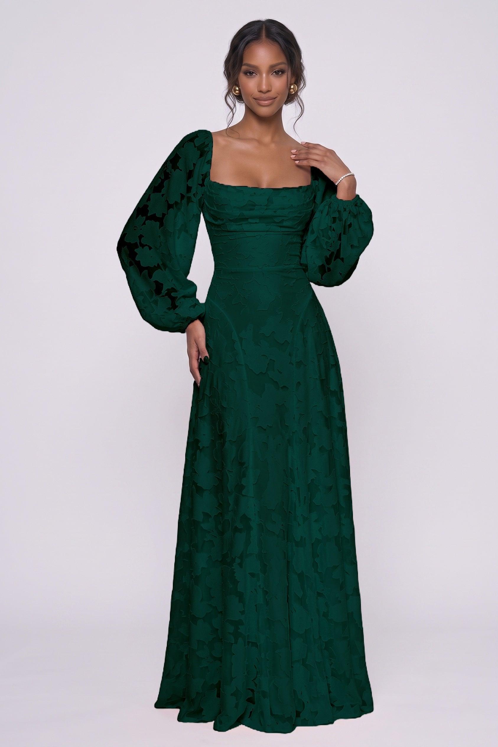 Square Neck Long Sleeve Chiffon Burnout Bridesmaid Dress A-Line