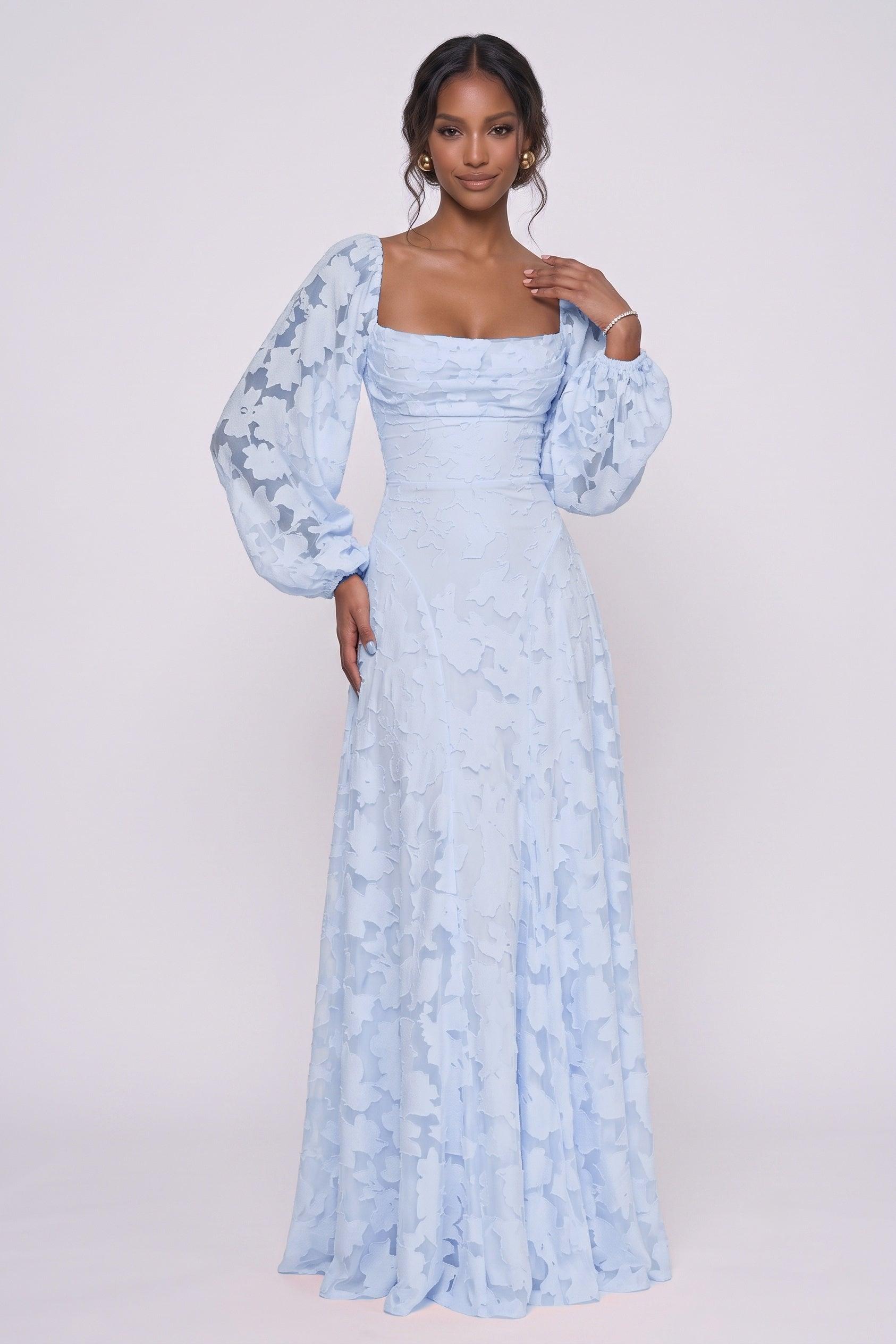 Pink Chiffon Burnout Wedding Guest Dress Square Neck Long Sleeve